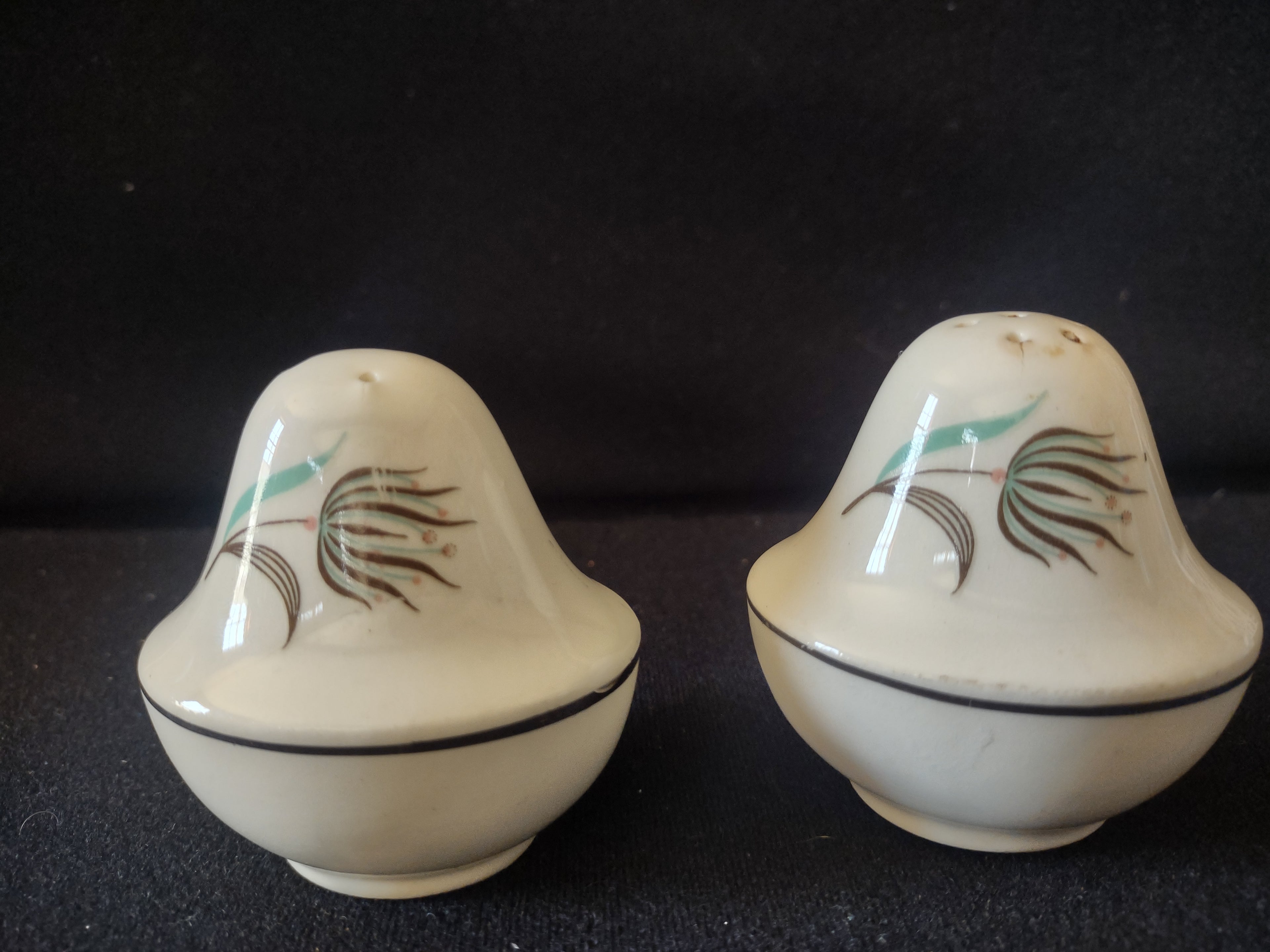 Vintage Crooksville Enchantment Salt Pepper Shakers Teal Dandelion [6540]
