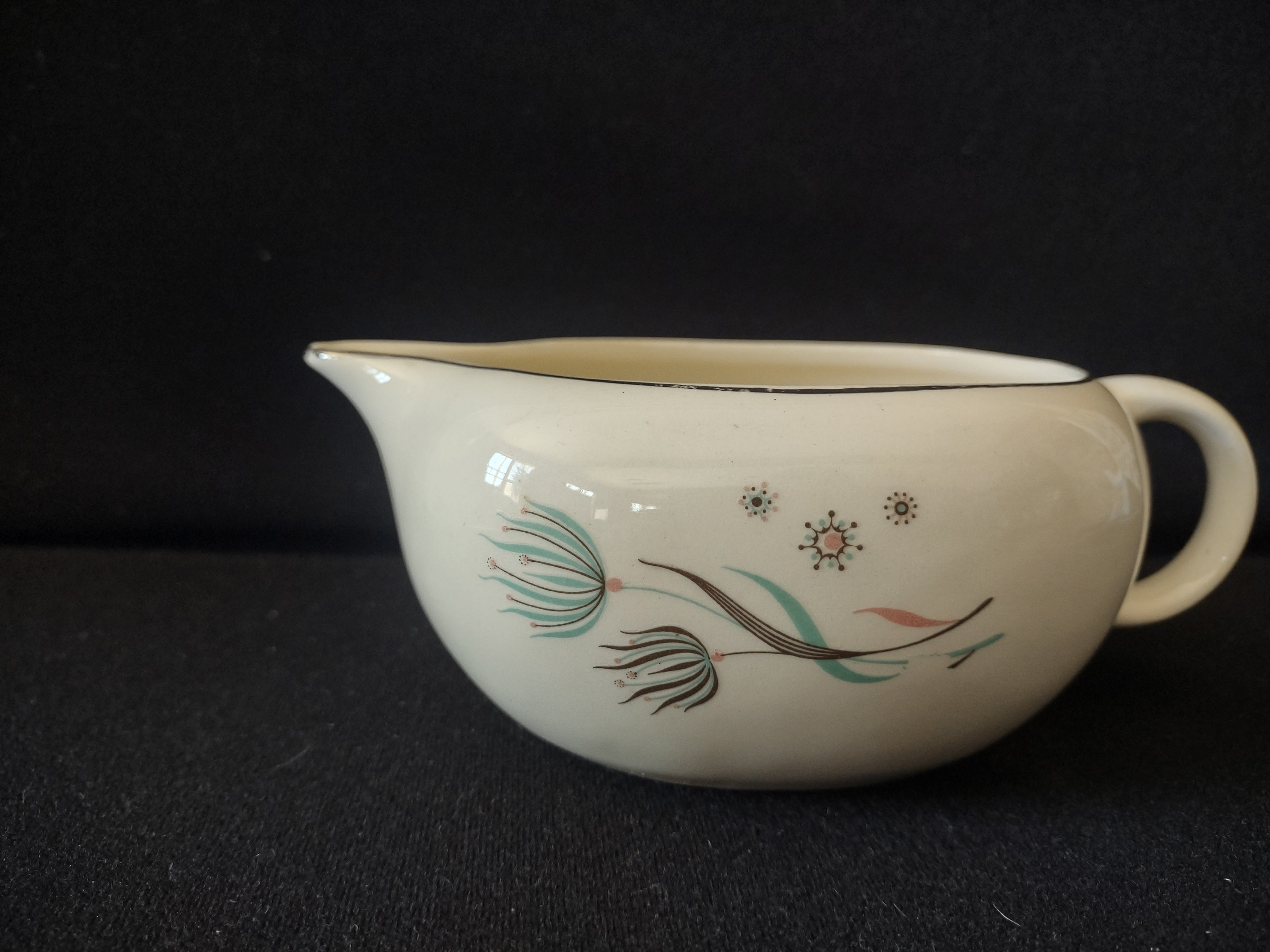 Vintage Crooksville Enchantment Gravy Sauce Boat MCM Teal Brown Cream [6544]