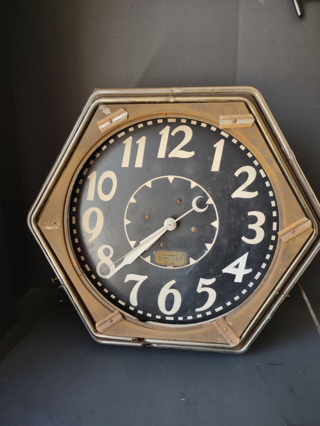Vintage Industrial Neon Clock Octagonal Brass Frame Black Dial Cleveland [6555]