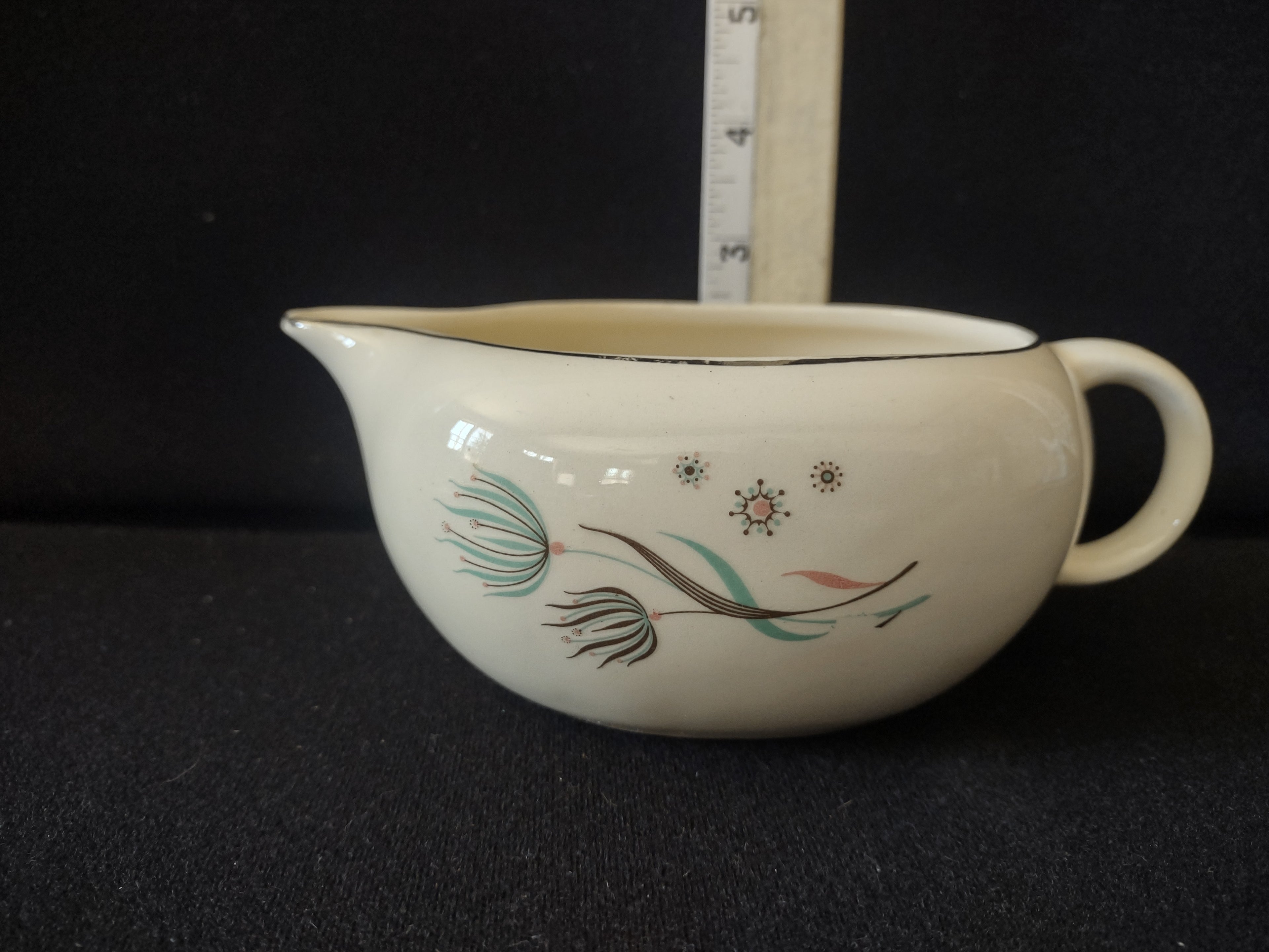 Vintage Crooksville Enchantment Gravy Sauce Boat MCM Teal Brown Cream [6544]