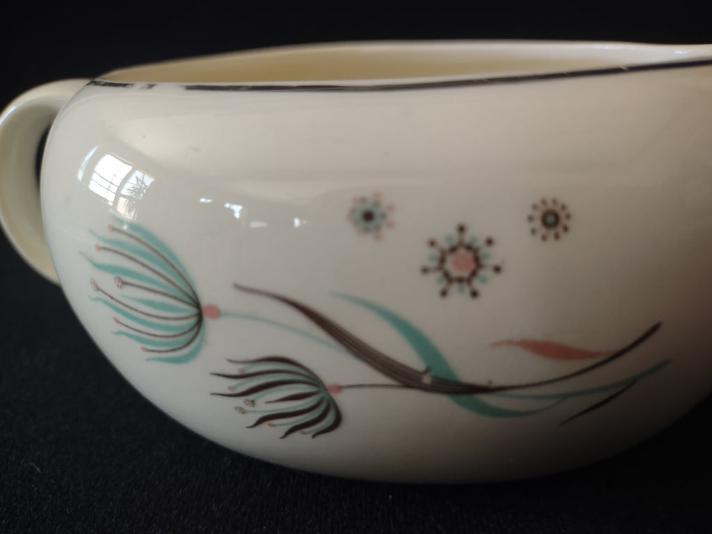 Vintage Crooksville Enchantment Gravy Sauce Boat MCM Teal Brown Cream [6544]