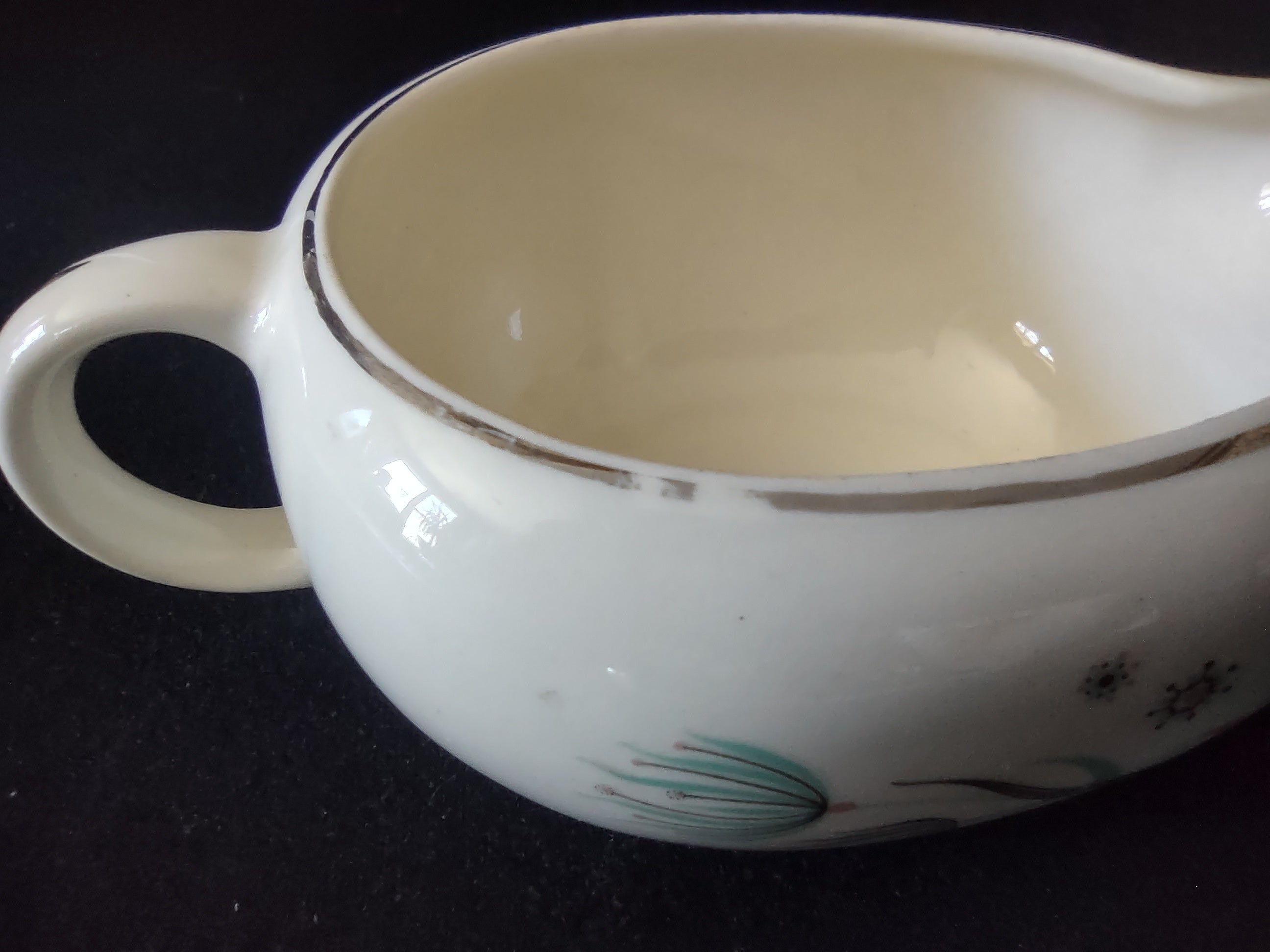 Vintage Crooksville Enchantment Gravy Sauce Boat MCM Teal Brown Cream [6544]