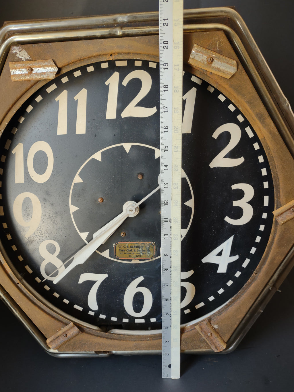 Vintage Industrial Neon Clock Octagonal Brass Frame Black Dial Cleveland [6555]
