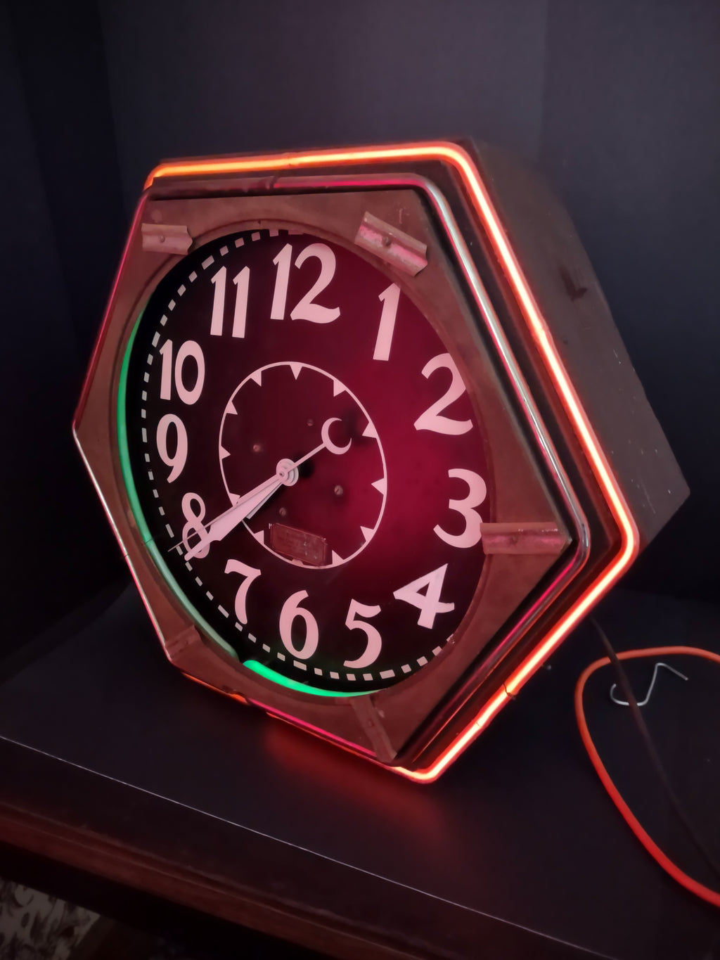 Vintage Industrial Neon Clock Octagonal Brass Frame Black Dial Cleveland [6555]