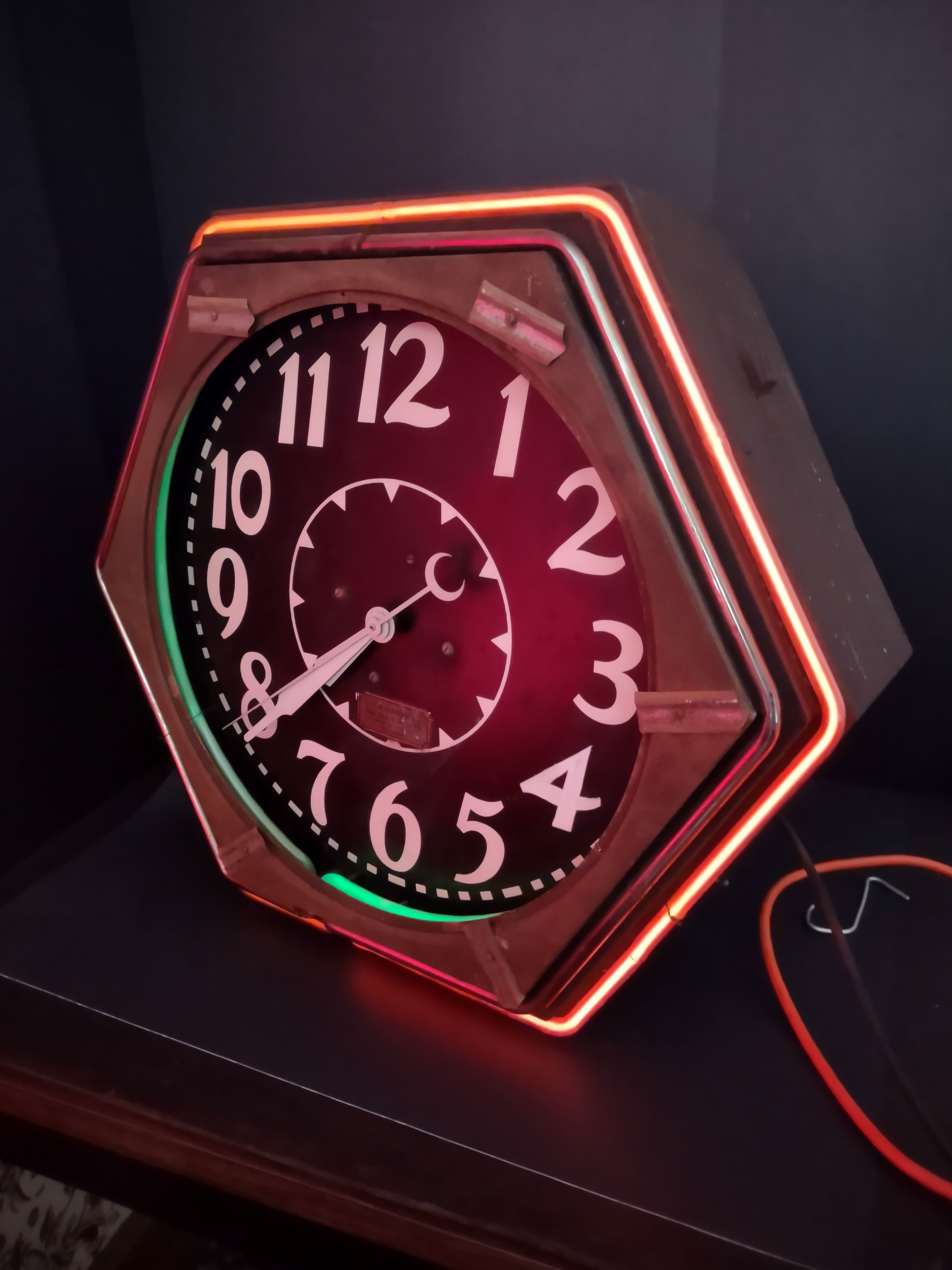 Vintage Industrial Neon Clock Octagonal Brass Frame Black Dial Cleveland [6555]