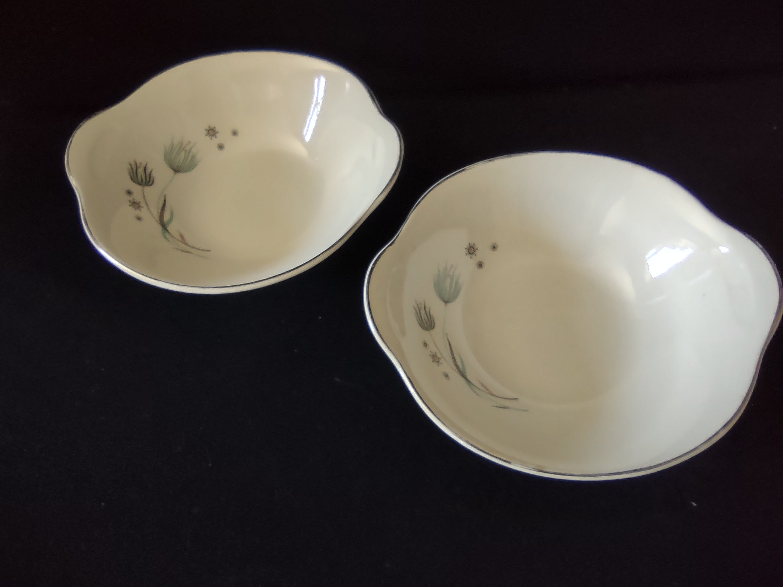 Vintage Crooksville Enchantment Lug Bowls Set of 2 Teal Platinum MCM [6547]