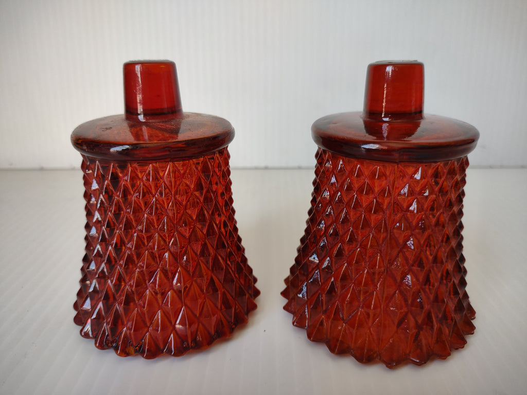 Vintage Homco Ruby Red Diamond Point Pressed Glass Votive Holders Set 2 [6566]