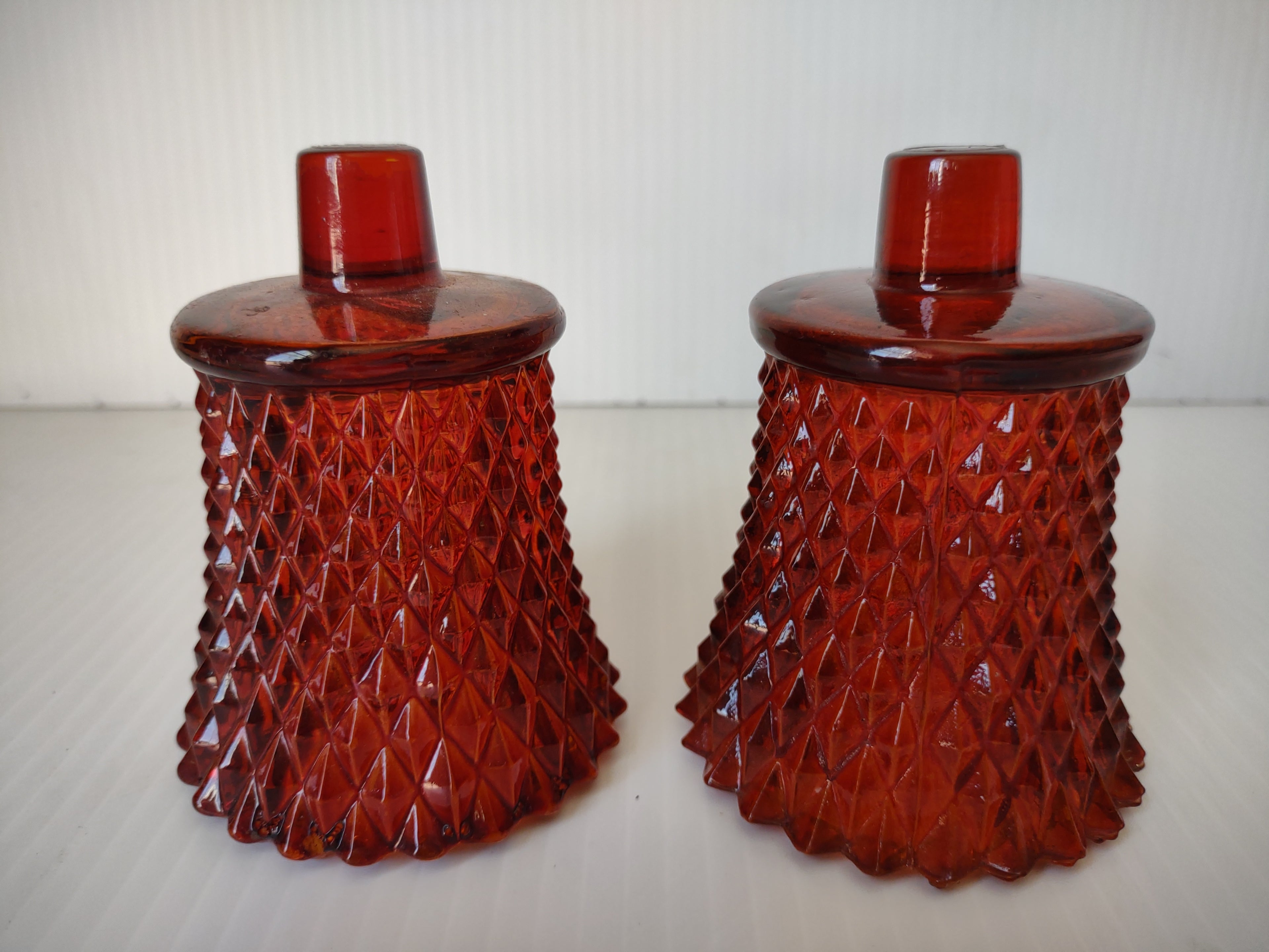 Vintage Homco Ruby Red Diamond Point Pressed Glass Votive Holders Set 2 [6566]