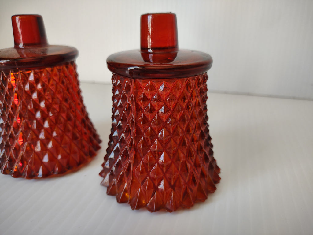 Vintage Homco Ruby Red Diamond Point Pressed Glass Votive Holders Set 2 [6566]