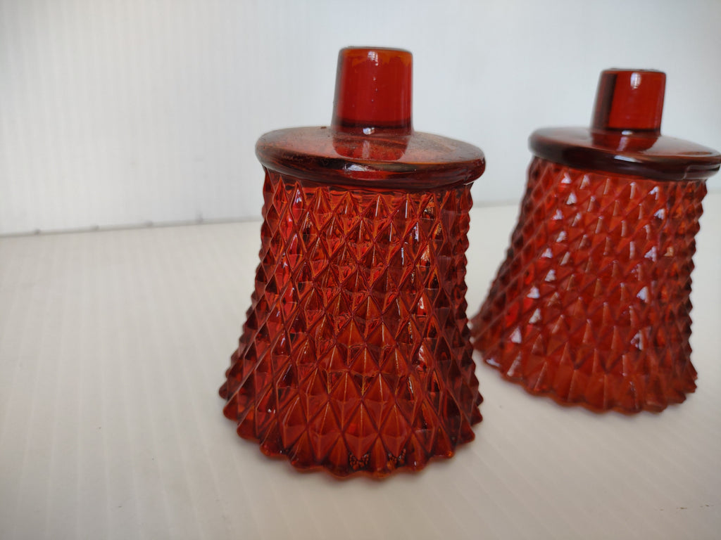 Vintage Homco Ruby Red Diamond Point Pressed Glass Votive Holders Set 2 [6566]