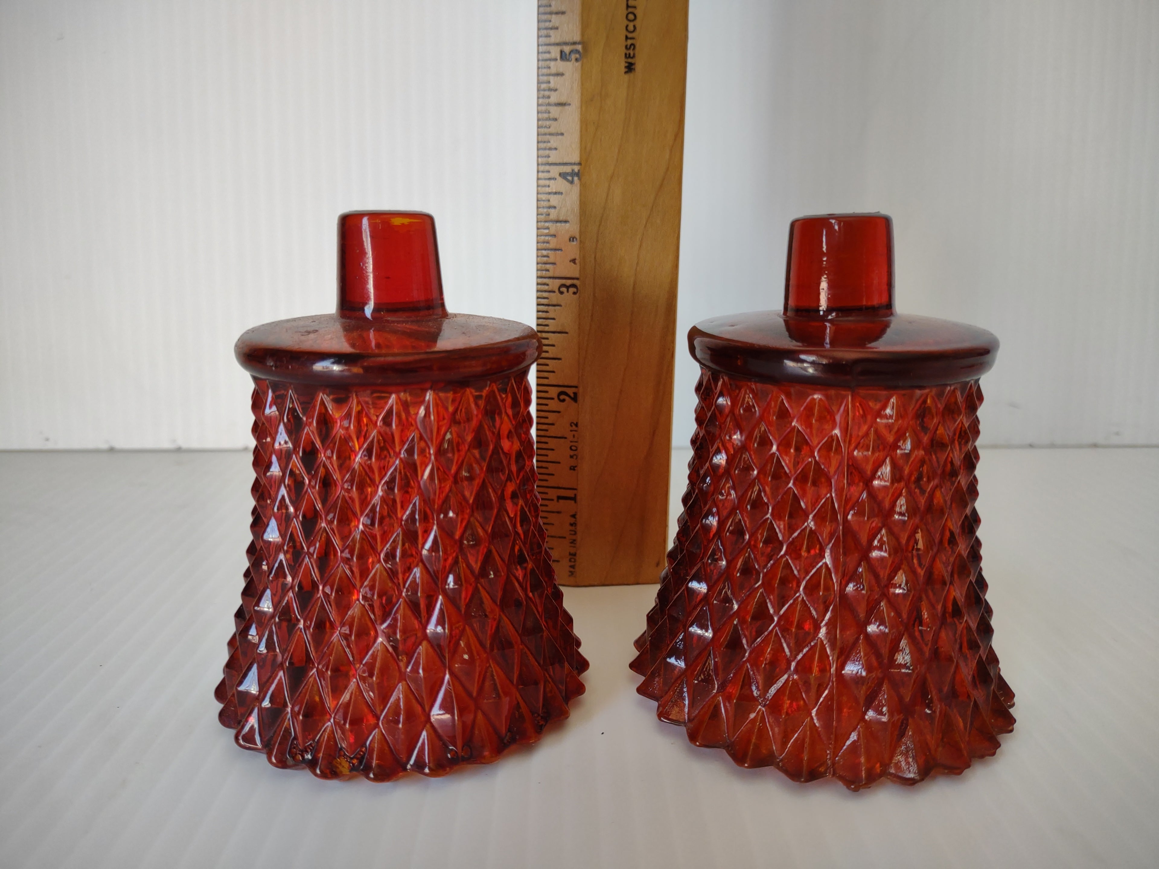 Vintage Homco Ruby Red Diamond Point Pressed Glass Votive Holders Set 2 [6566]