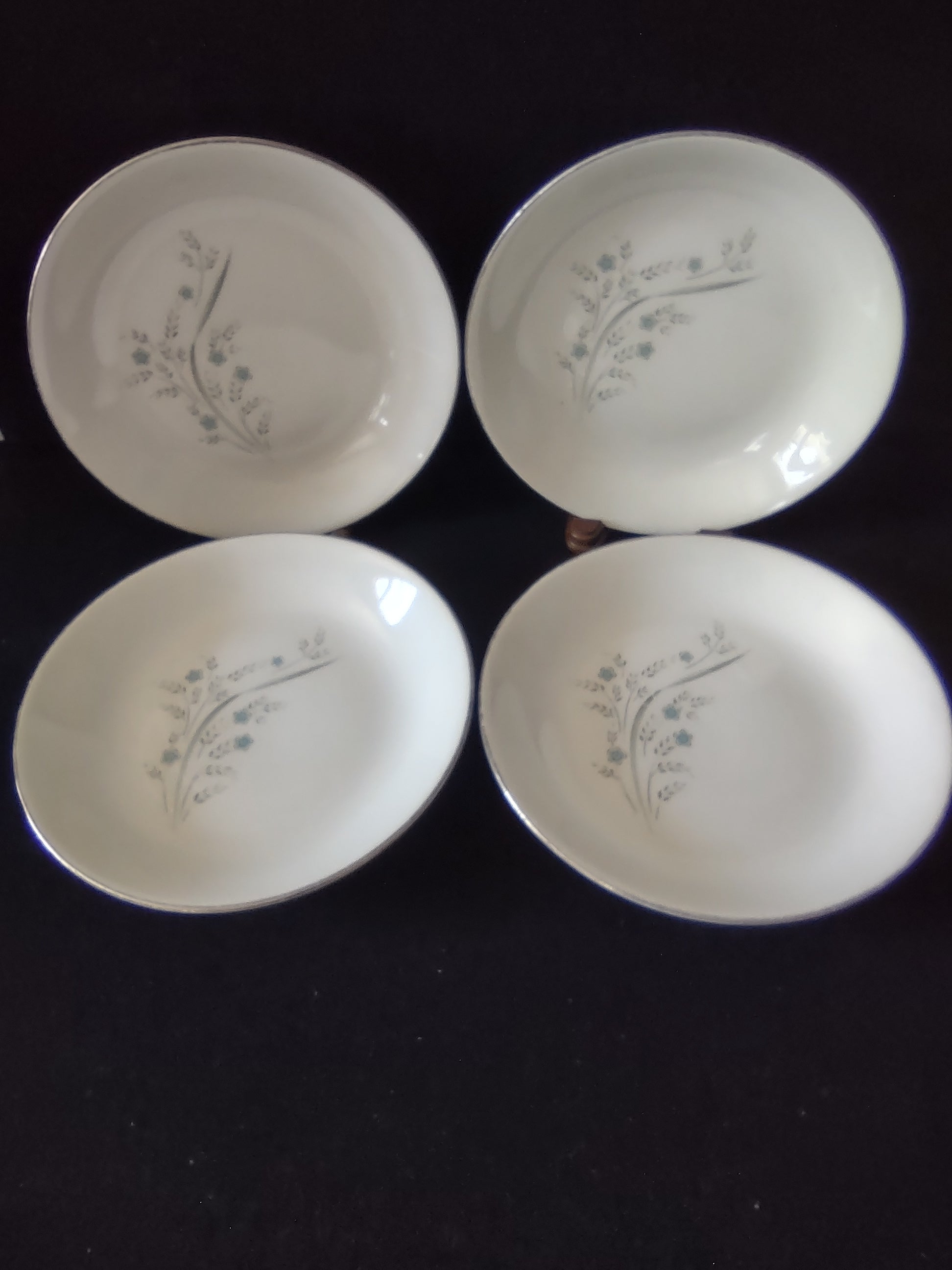 Vintage Kenmark China Teal Floral Pasta Bowls Set of 4 Platinum Rim [6574]