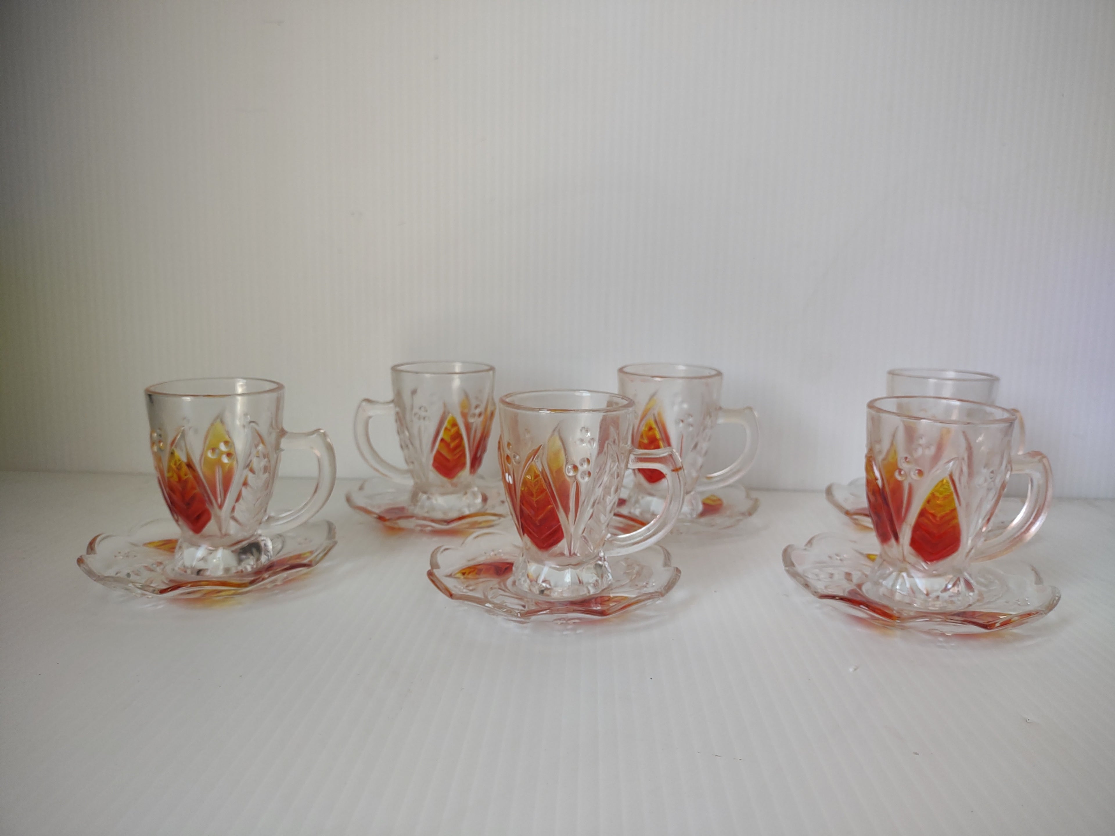 Vintage Clear Glass Red Yellow Leaf Cup Saucer Sets/6 [6633]