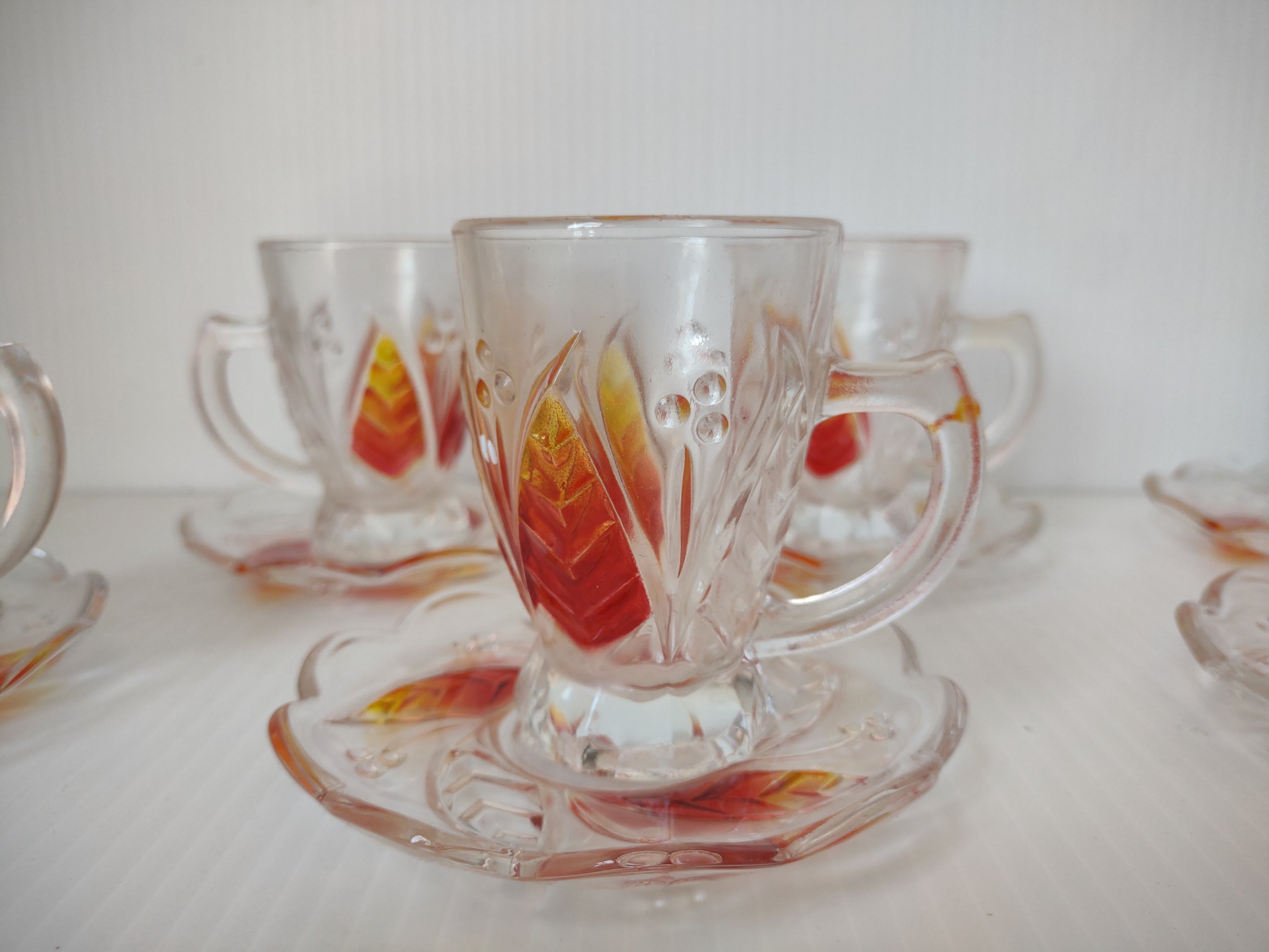 Vintage Clear Glass Red Yellow Leaf Cup Saucer Sets/6 [6633]