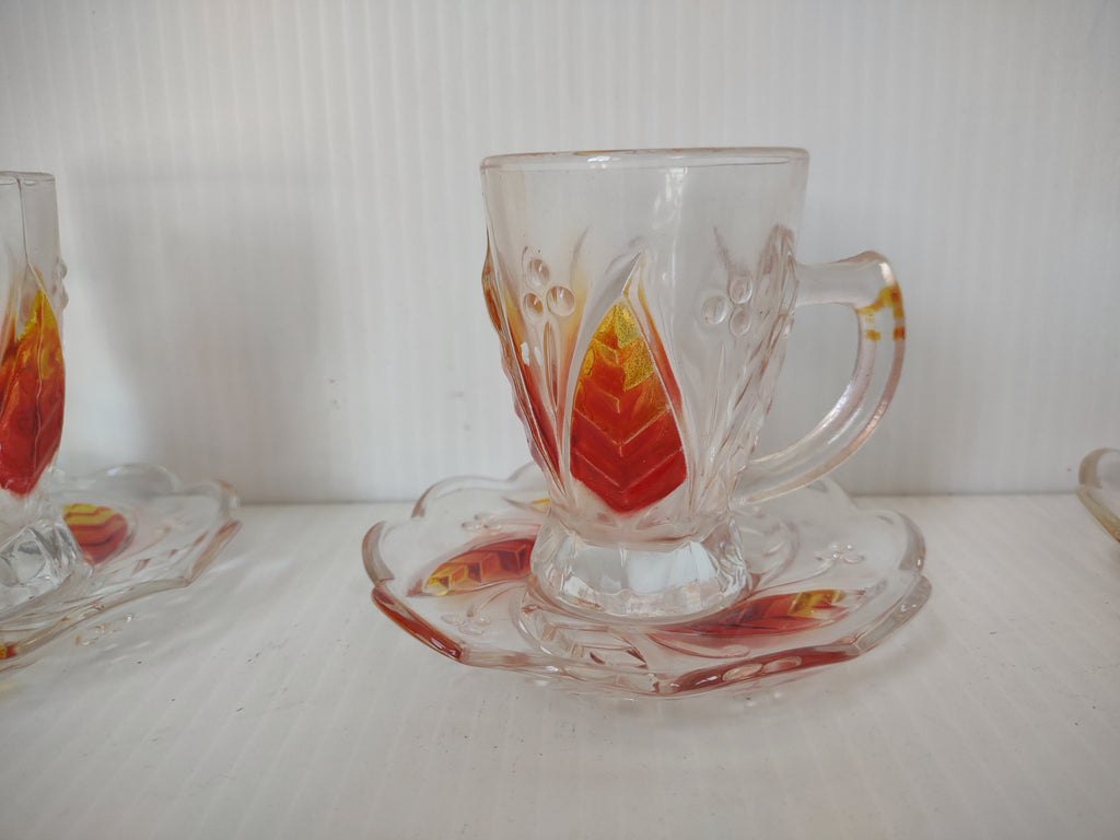 Vintage Clear Glass Red Yellow Leaf Cup Saucer Sets/6 [6633]