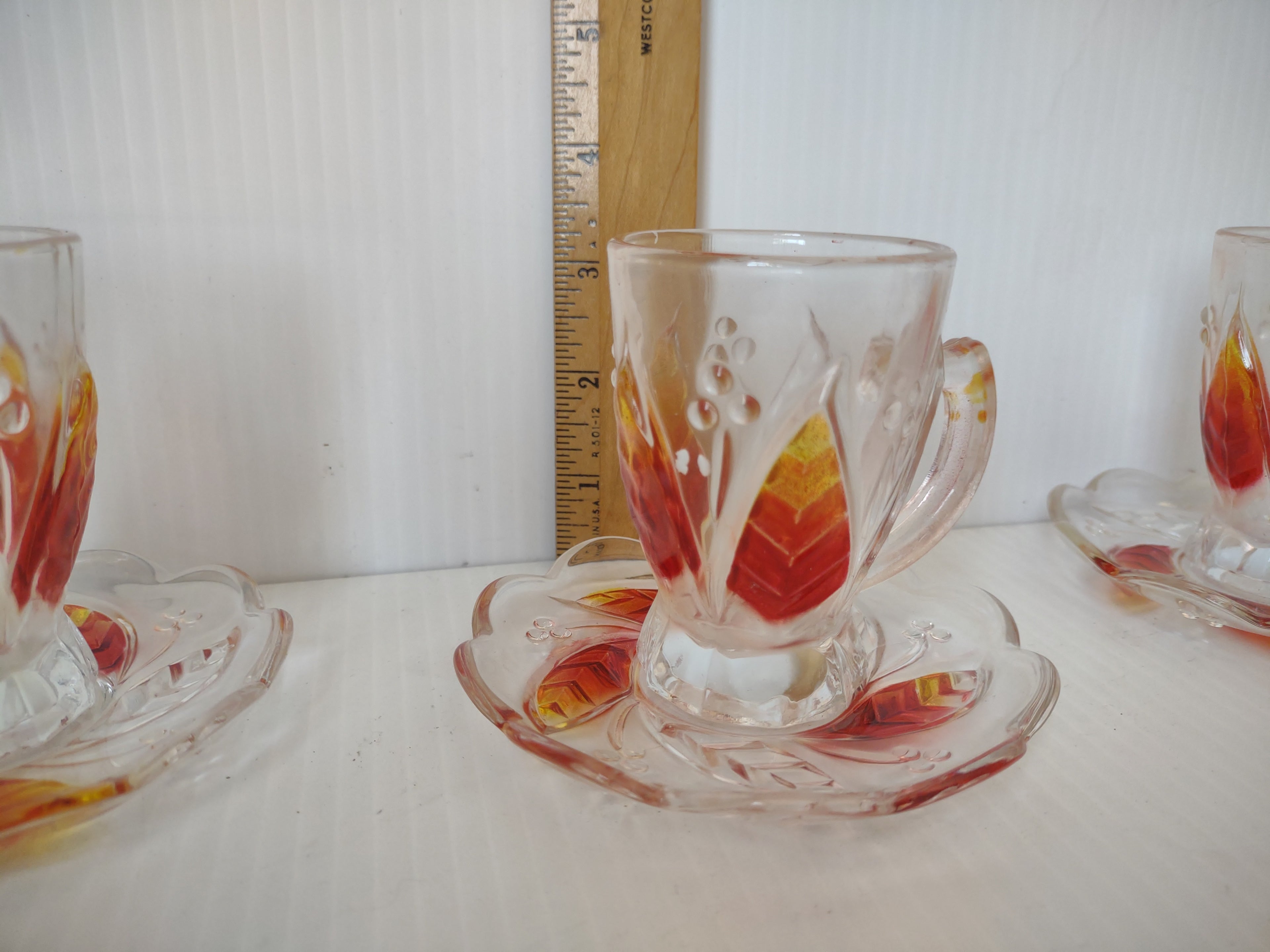 Vintage Clear Glass Red Yellow Leaf Cup Saucer Sets/6 [6633]
