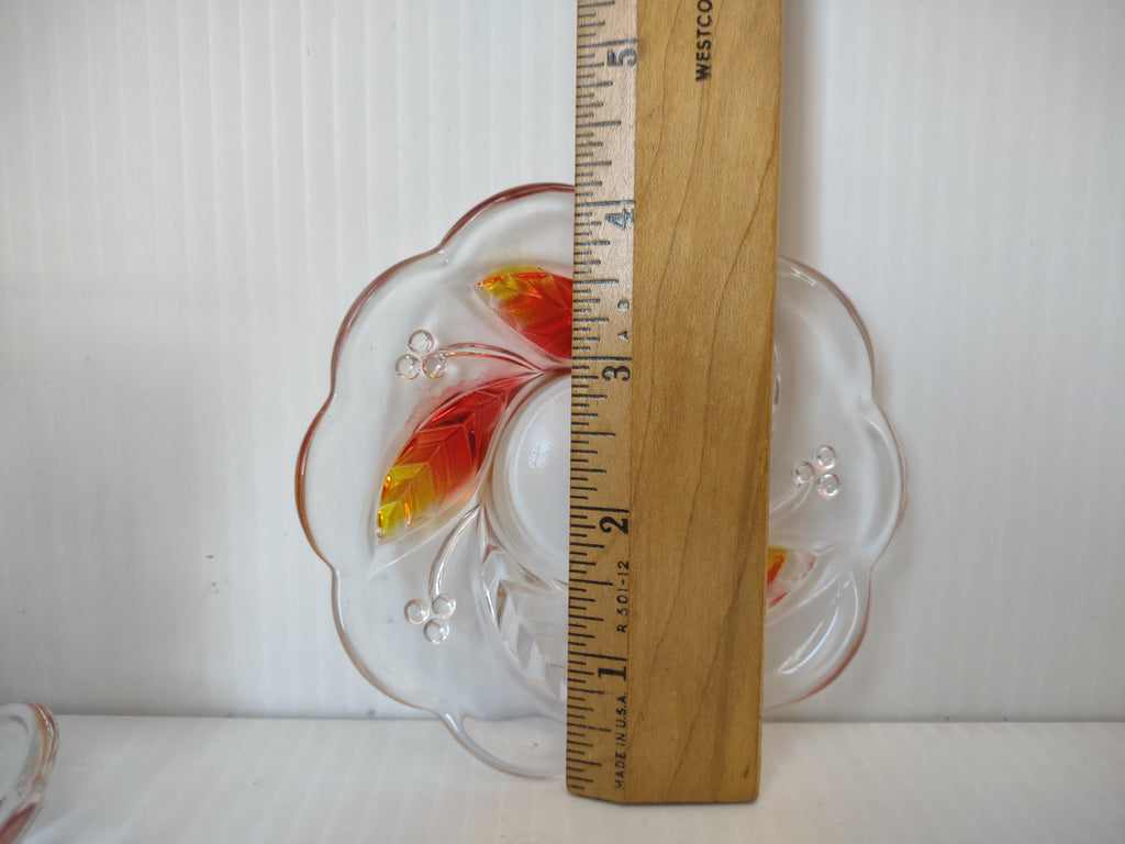 Vintage Clear Glass Red Yellow Leaf Cup Saucer Sets/6 [6633]