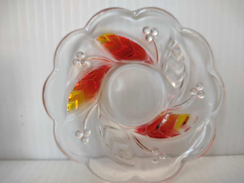 Vintage Clear Glass Red Yellow Leaf Cup Saucer Sets/6 [6633]