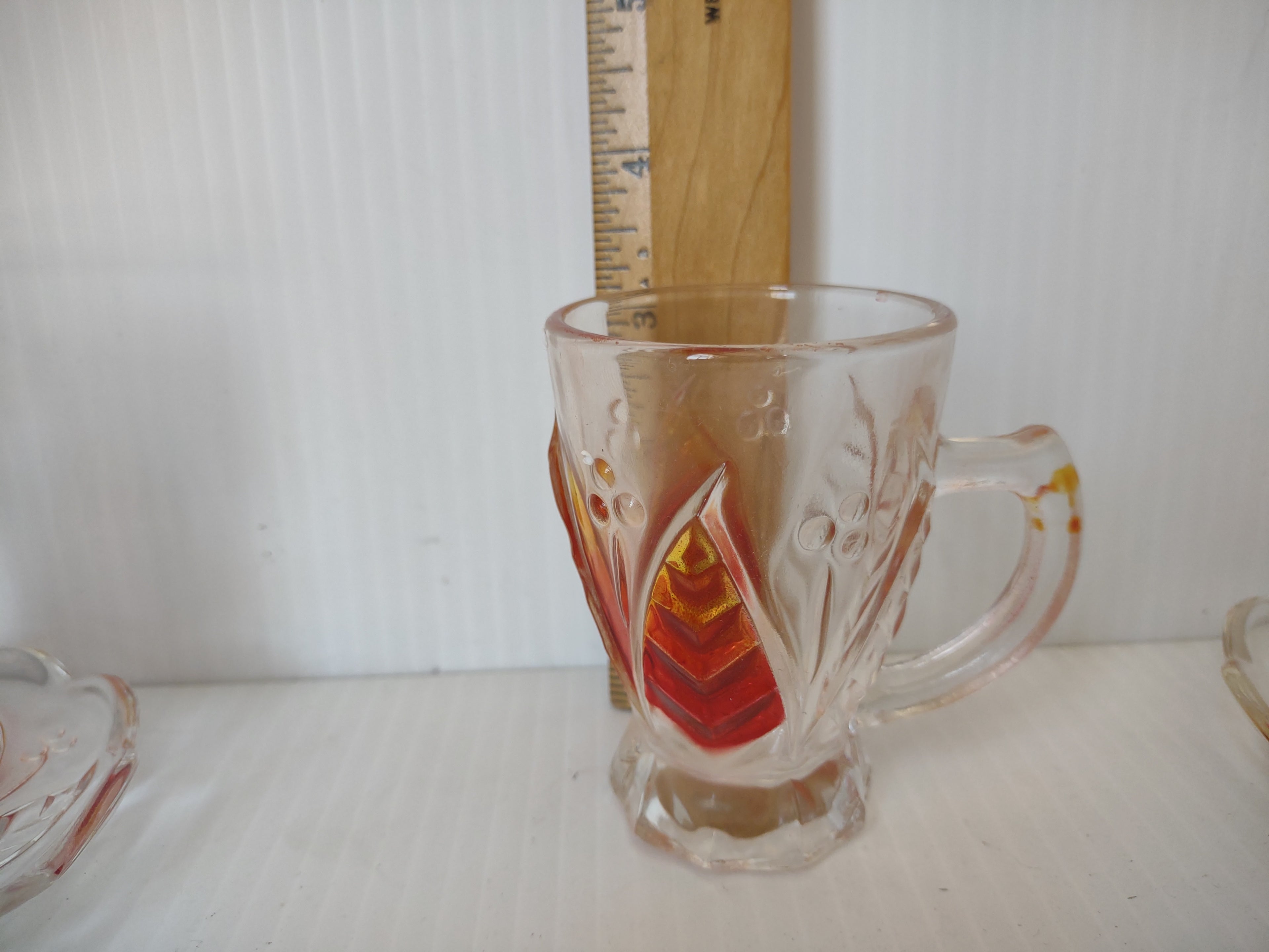 Vintage Clear Glass Red Yellow Leaf Cup Saucer Sets/6 [6633]