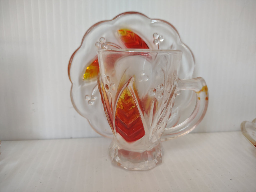 Vintage Clear Glass Red Yellow Leaf Cup Saucer Sets/6 [6633]