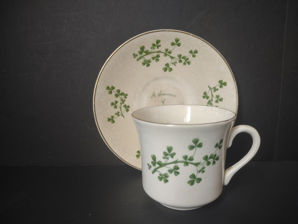Vintage Arklow Pottery Shamrock Cup & Saucer Ireland Souvenir Green CRAZING [6630]
