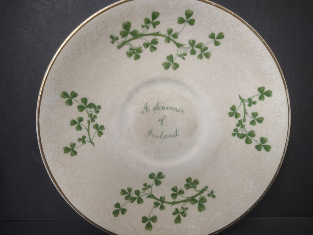Vintage Arklow Pottery Shamrock Cup & Saucer Ireland Souvenir Green CRAZING [6630]