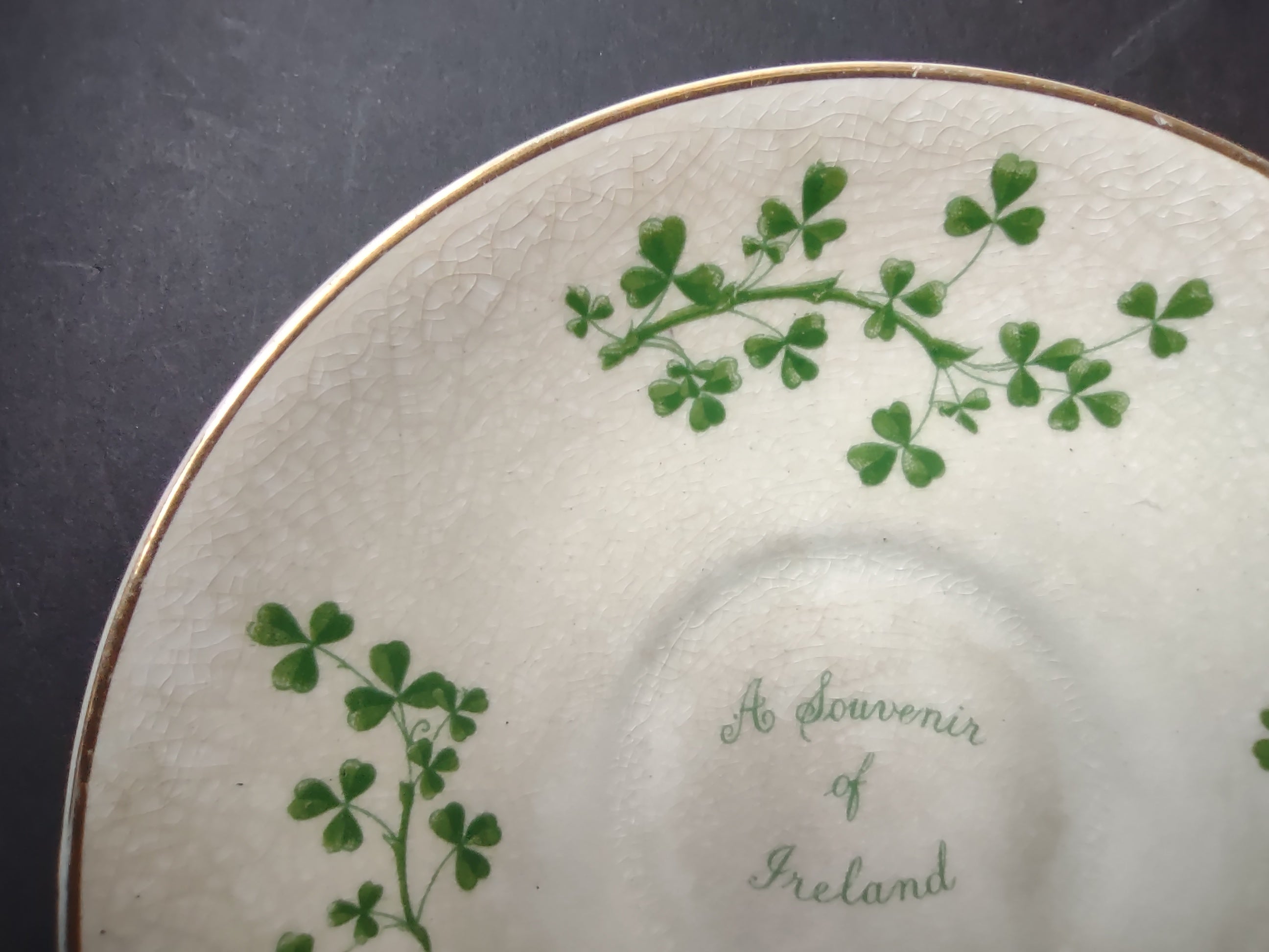 Vintage Arklow Pottery Shamrock Cup & Saucer Ireland Souvenir Green CRAZING [6630]