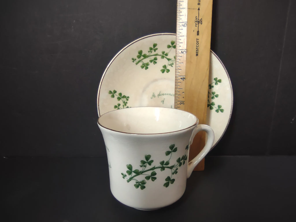 Vintage Arklow Pottery Shamrock Cup & Saucer Ireland Souvenir Green CRAZING [6630]