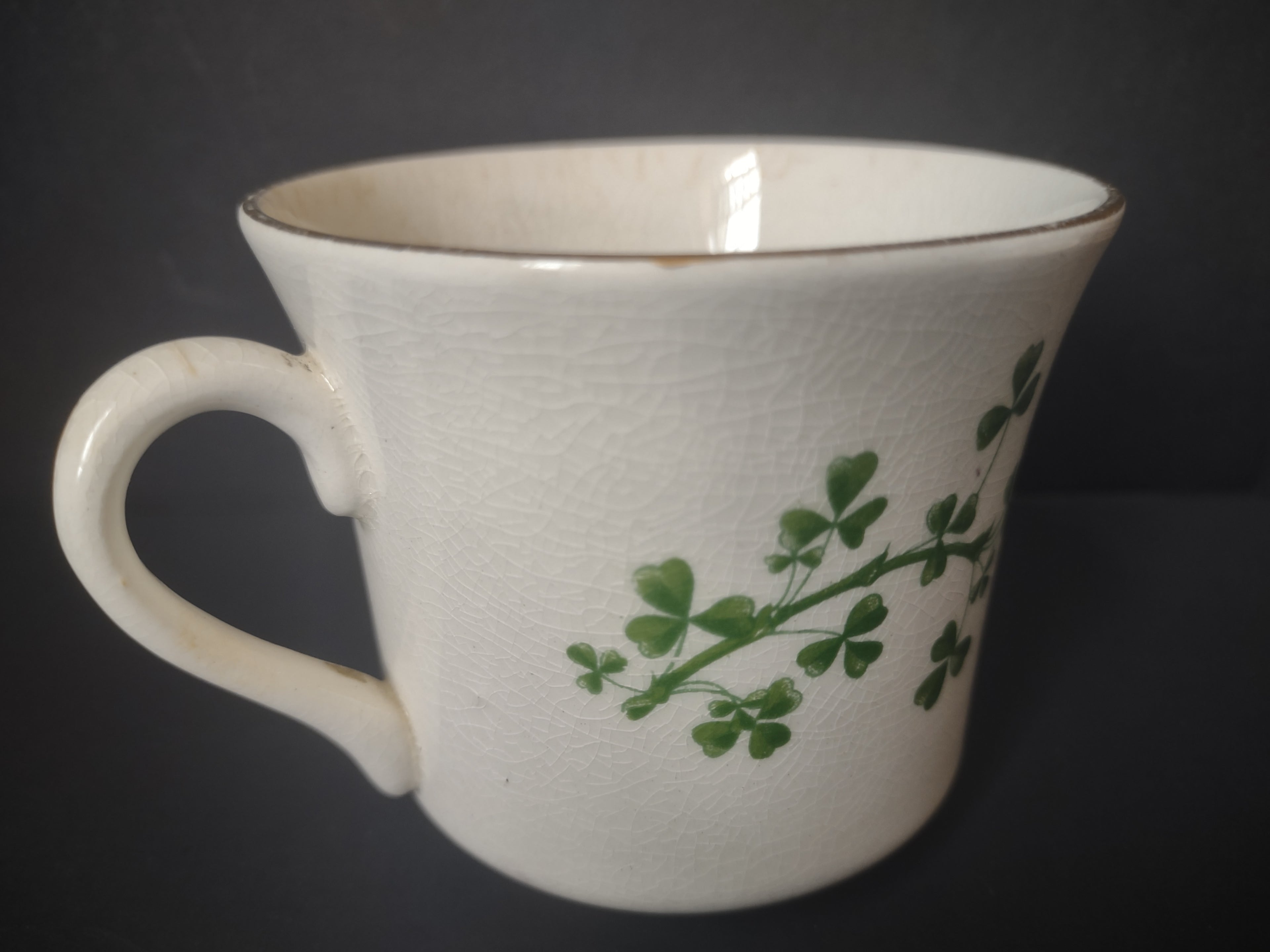 Vintage Arklow Pottery Shamrock Cup & Saucer Ireland Souvenir Green CRAZING [6630]