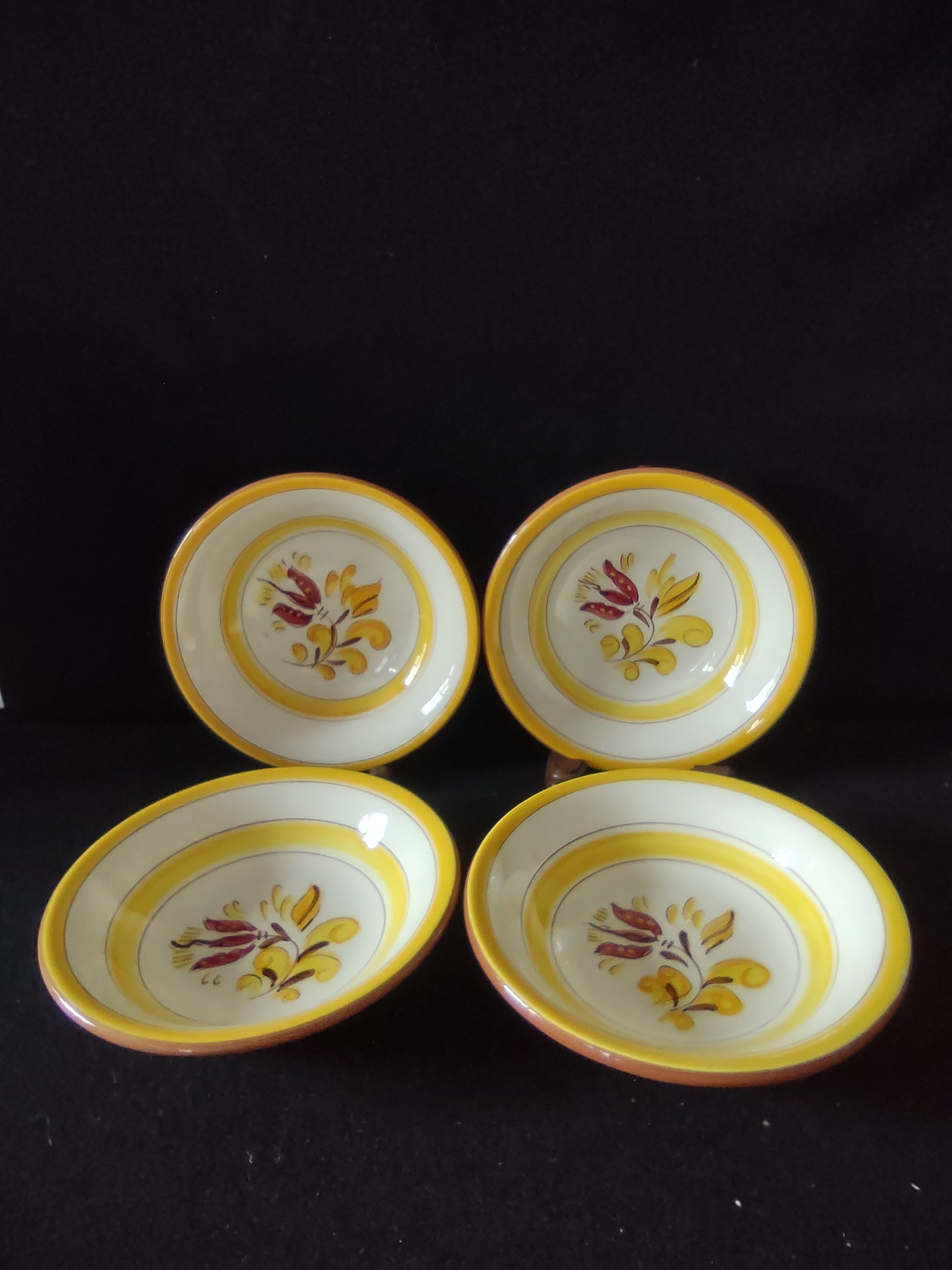 Vintage Stangl Provincial Berry Bowls Yellow Burgundy Tulip Set of 4 [6591]