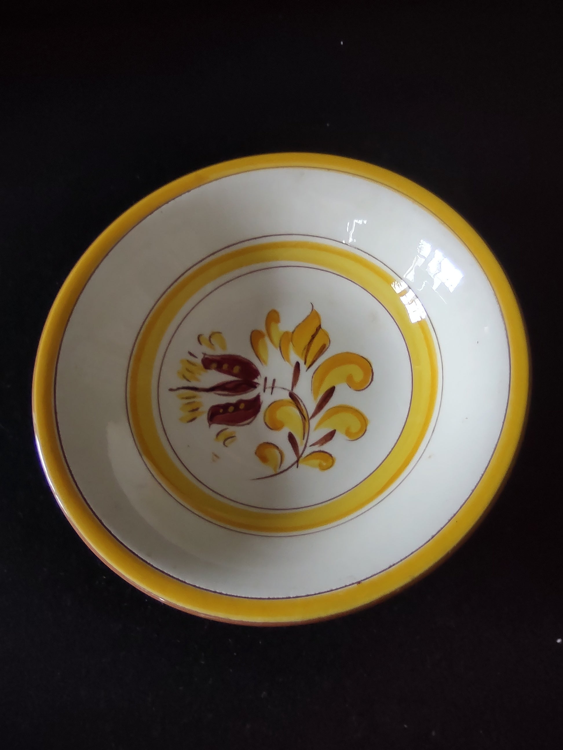 Vintage Stangl Provincial Berry Bowls Yellow Burgundy Tulip Set of 4 [6591]