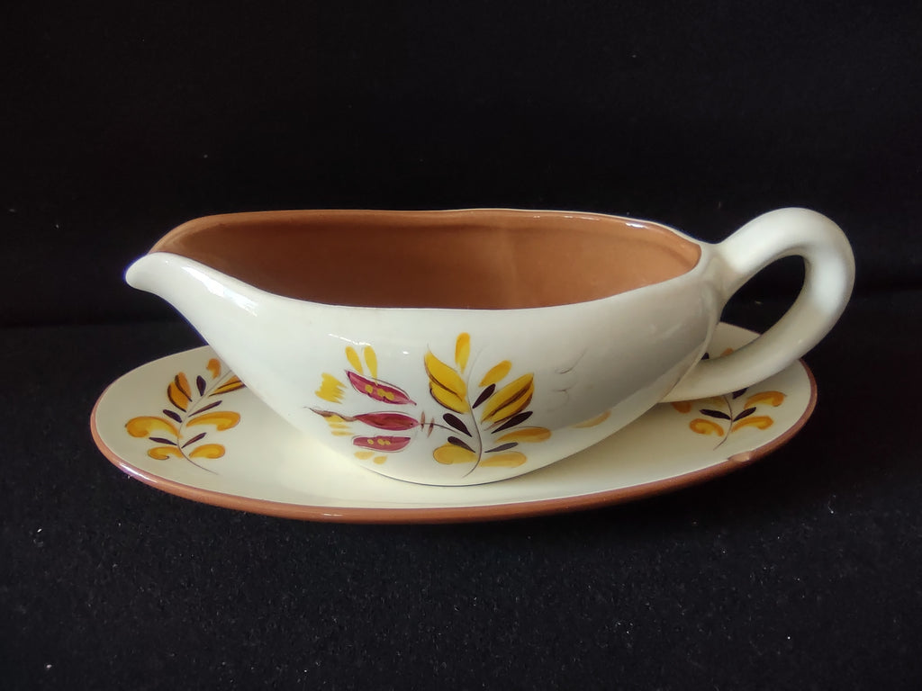 Vintage Stangl Pottery Provincial Gravy Boat w/ Liner Yellow Leaf [6596]