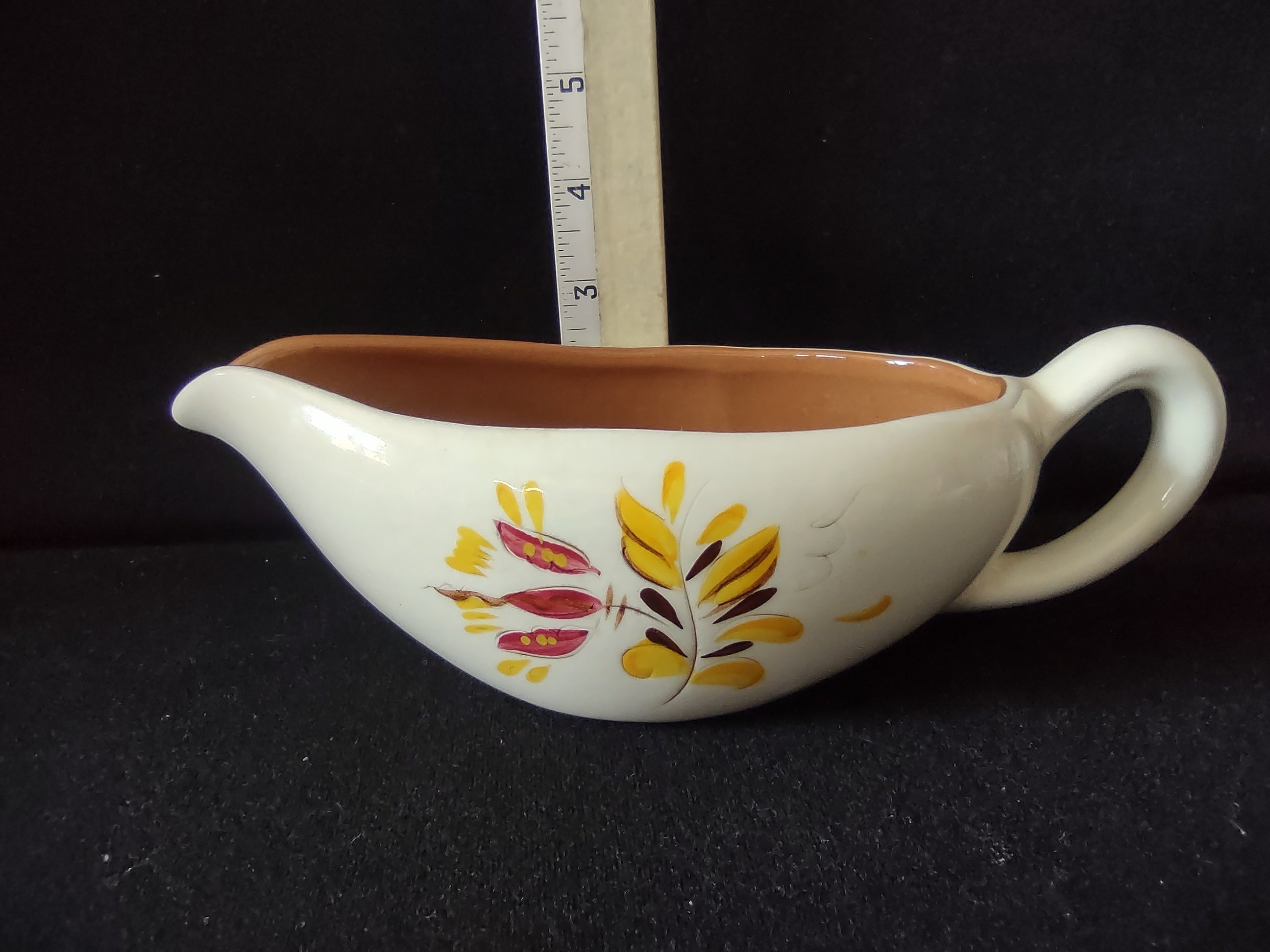 Vintage Stangl Pottery Provincial Gravy Boat w/ Liner Yellow Leaf [6596]