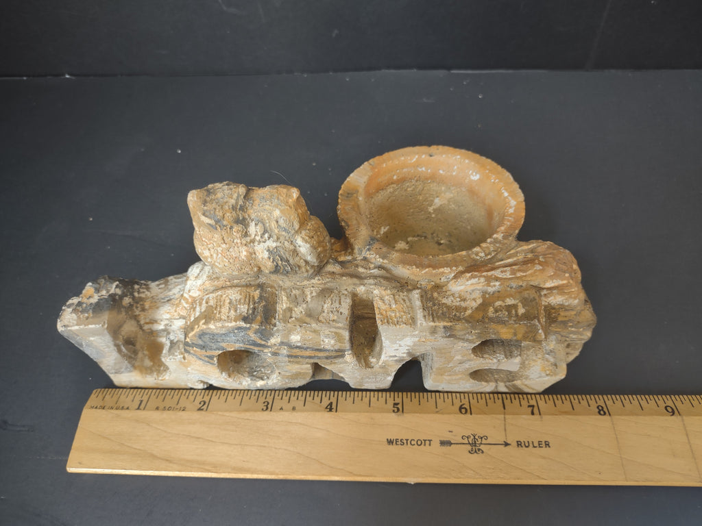 Vintage Soapstone Carved Owls Love Candle Holder Brown & Gray Figurine [6629]