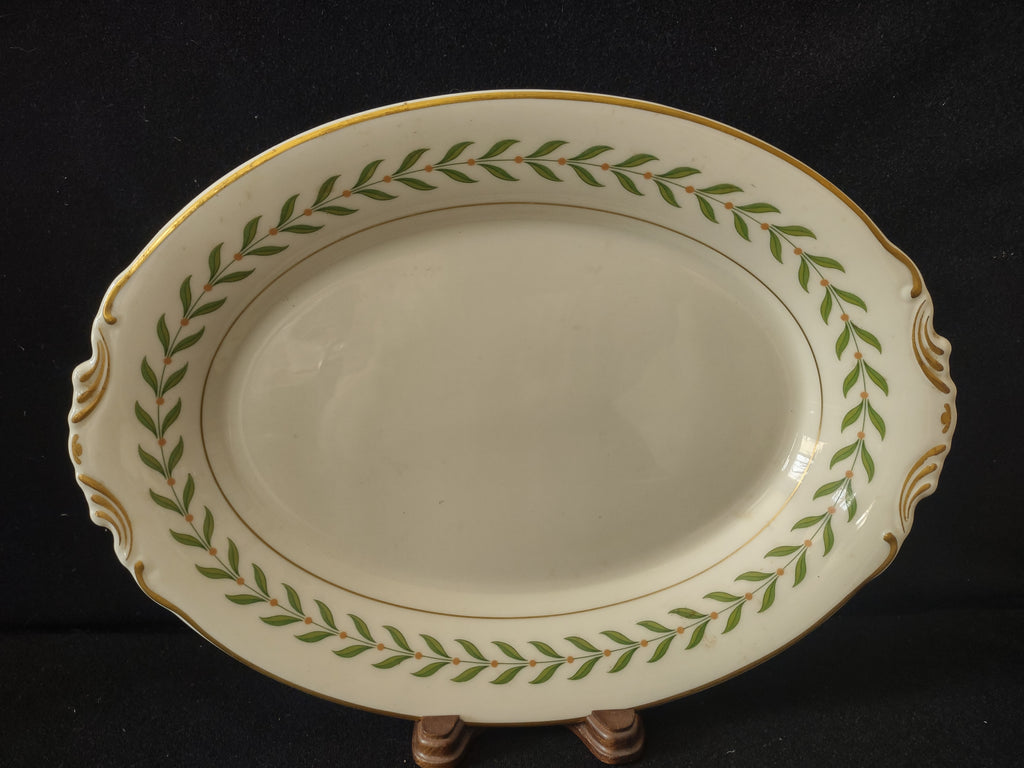 Vintage Old Ivory USA Oval Platter Green Laurel Gold Trim Scalloped [6605]