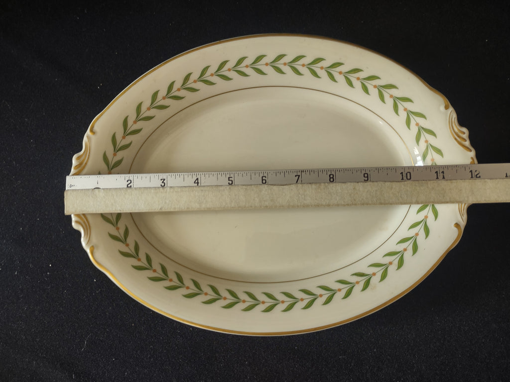 Vintage Old Ivory USA Oval Platter Green Laurel Gold Trim Scalloped [6605]