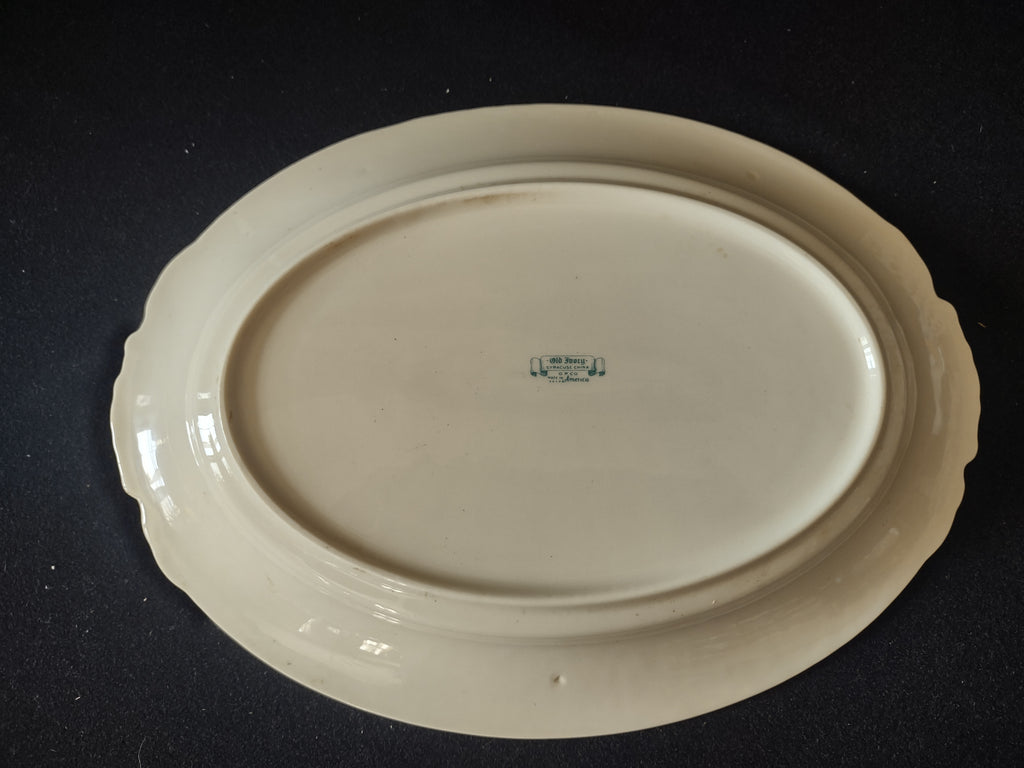 Vintage Old Ivory USA Oval Platter Green Laurel Gold Trim Scalloped [6605]