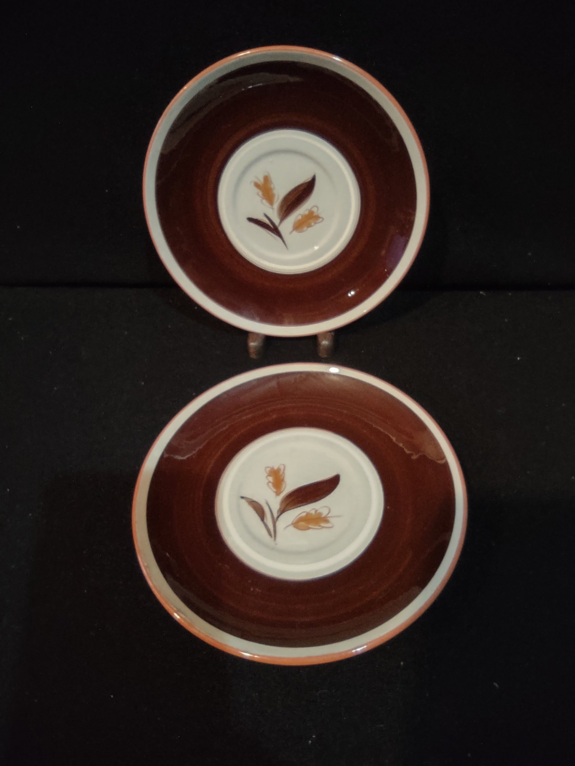 Vintage Stangl Golden Harvest Saucers Set of 2 Brown & Cream Leaf [6623]