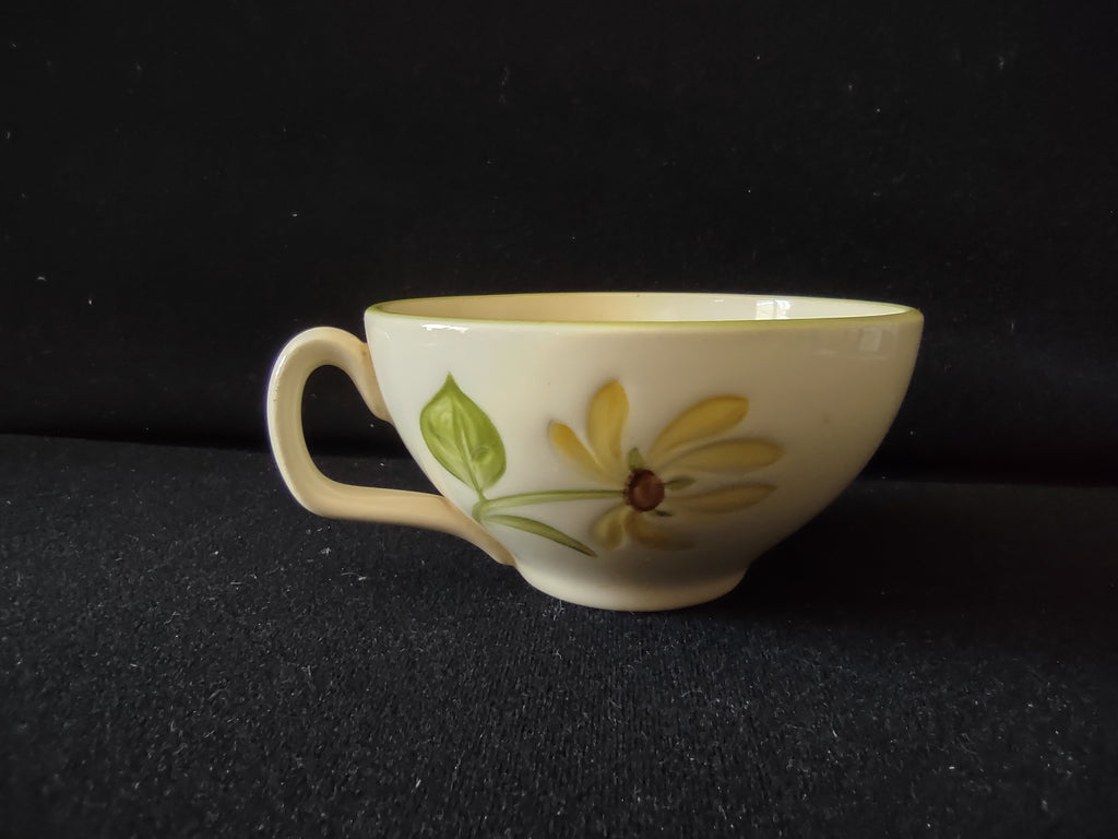 Vintage Hand Painted Blue Yellow Floral Tea Cup Green Rim Cream [6646]