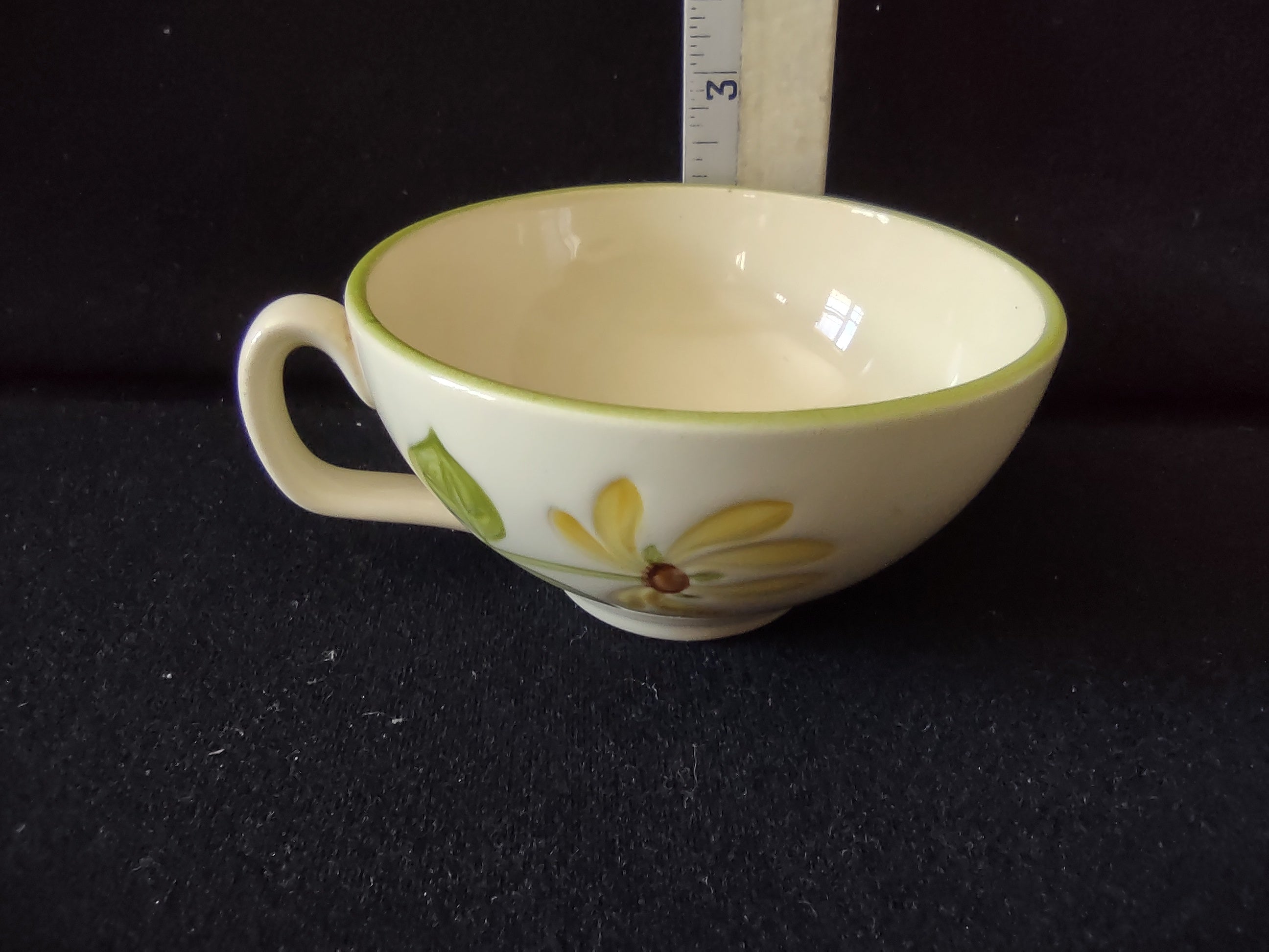 Vintage Hand Painted Blue Yellow Floral Tea Cup Green Rim Cream [6646]
