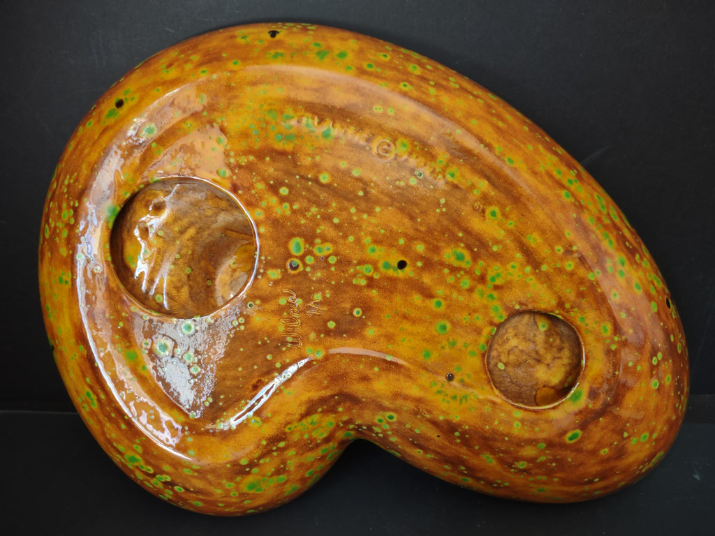 Vintage Atlantic Mold MCM Ashtray Orange Green Speckle Glaze Nautilus 12" [6672]