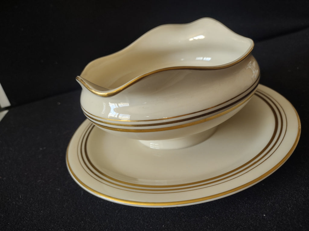 Vintage Syracuse China Old Ivory Gravy Boat Attached Underplate Gold [6655]