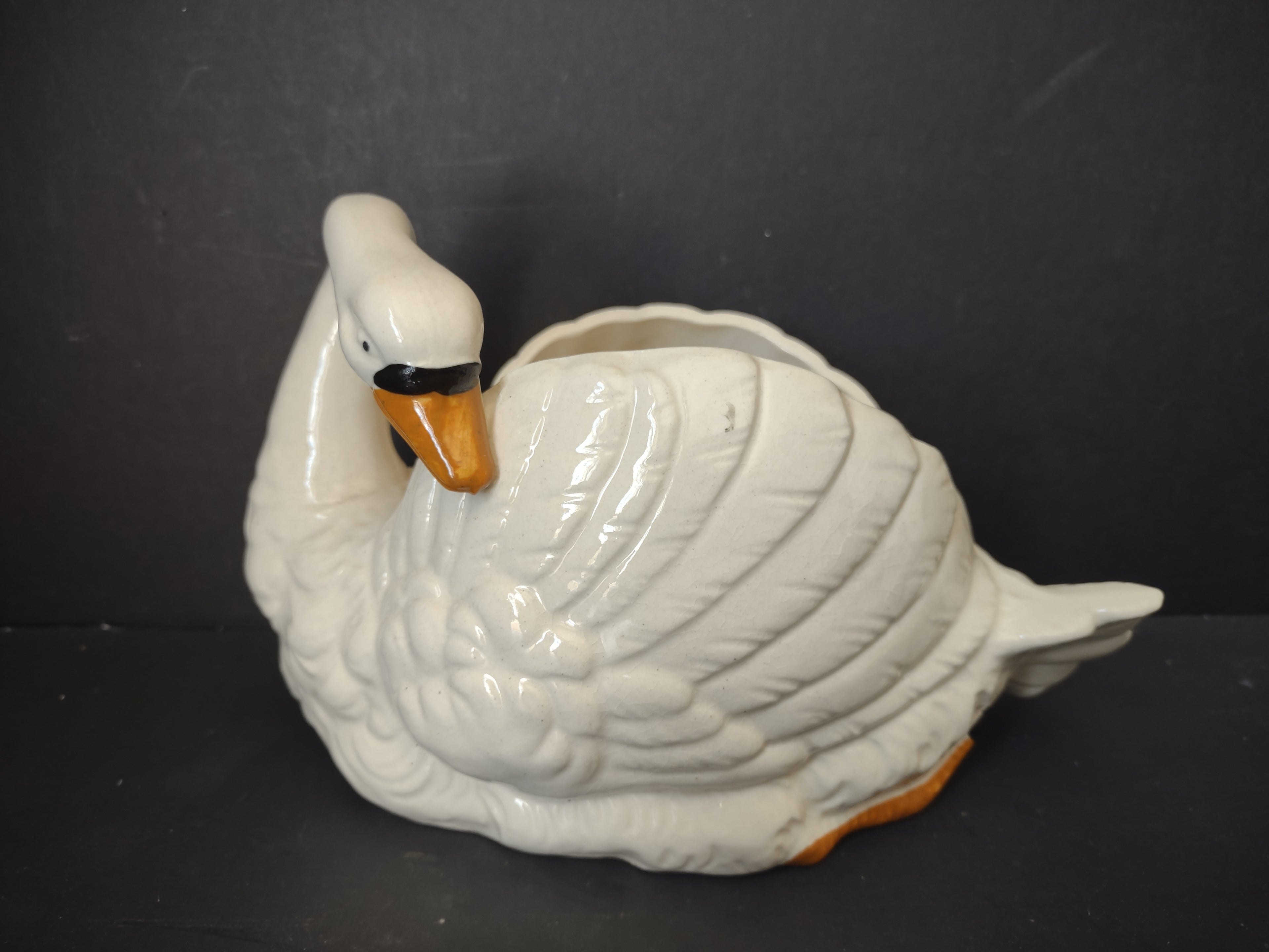 Vintage White Ceramic Swan Planter Vase Made in Spain Orange Beak [6668]