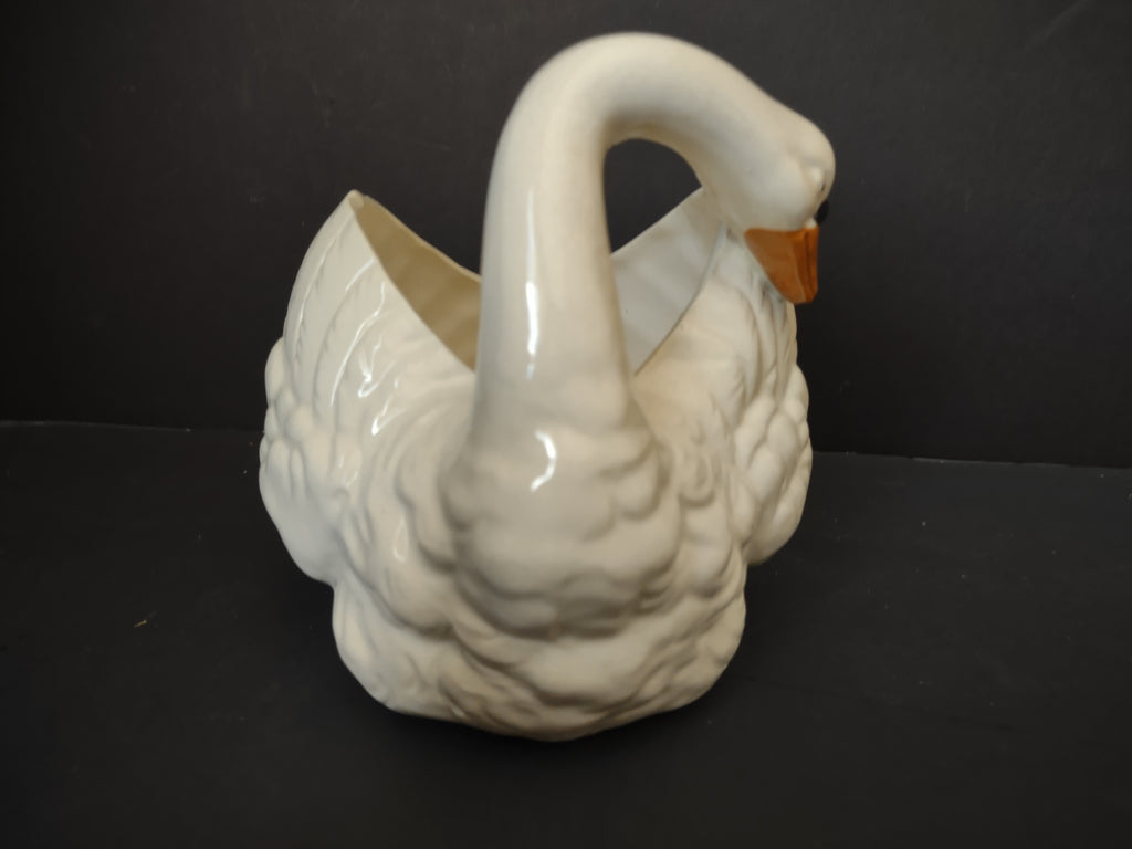 Vintage White Ceramic Swan Planter Vase Made in Spain Orange Beak [6668]