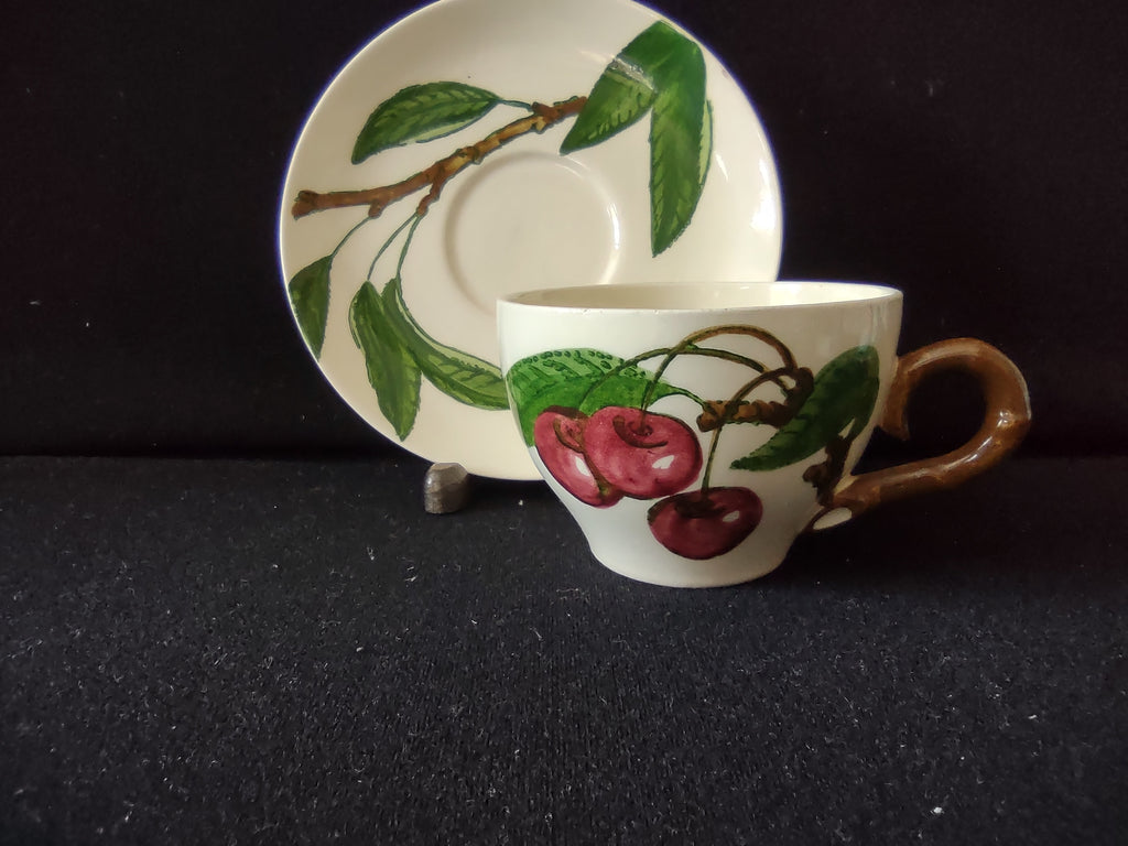 Vintage Metlox California Fruit Cup Saucer Set Hand Painted Cherry [6660]