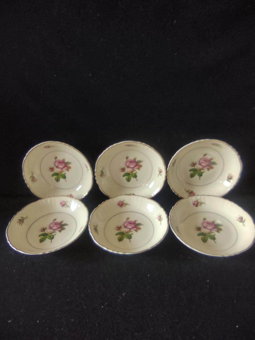 Vintage Syracuse China Federal Pink Rose Berry Bowls Set of 6 Gold Trim [6675]
