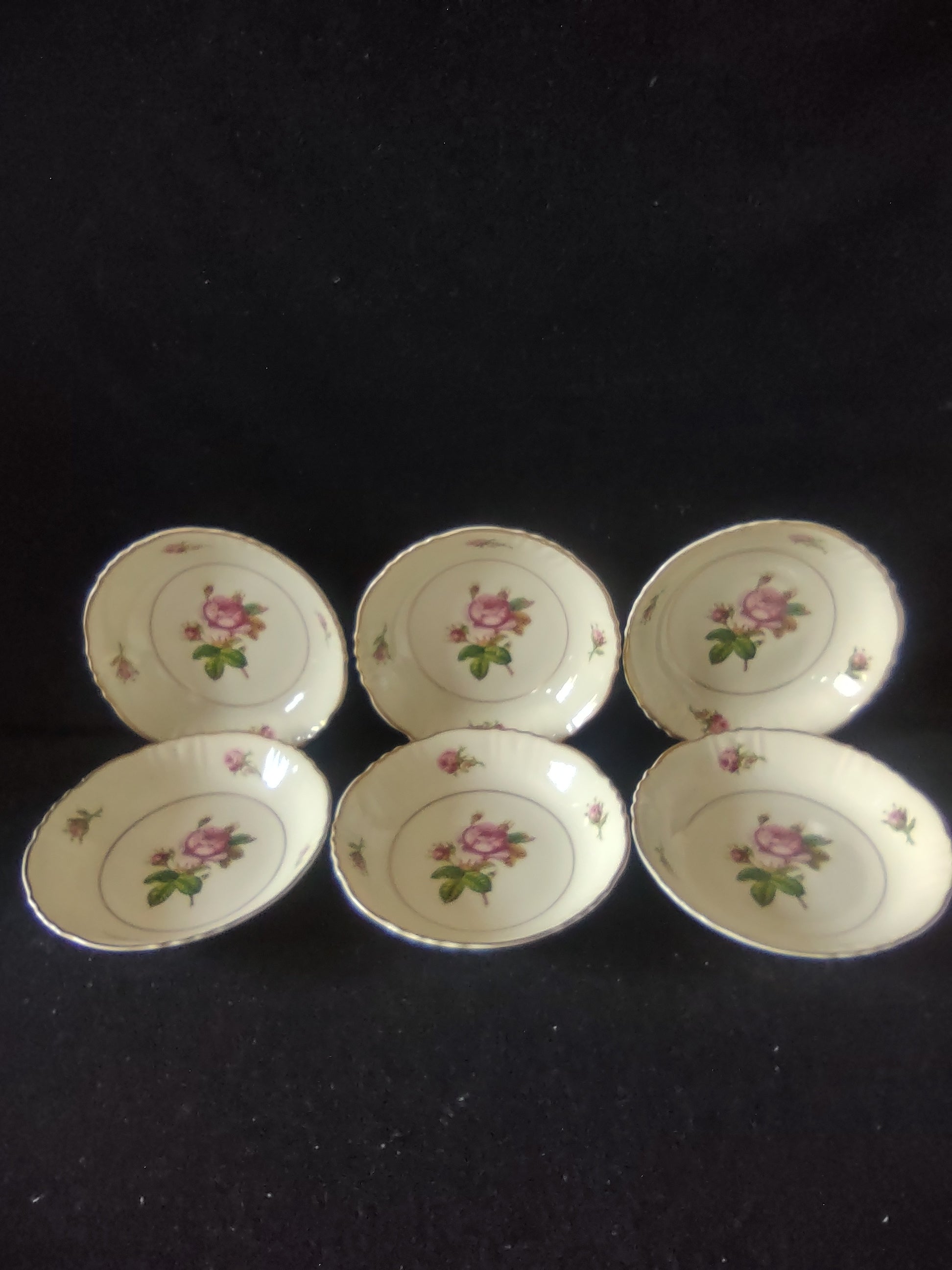Vintage Syracuse China Federal Pink Rose Berry Bowls Set of 6 Gold Trim [6675]