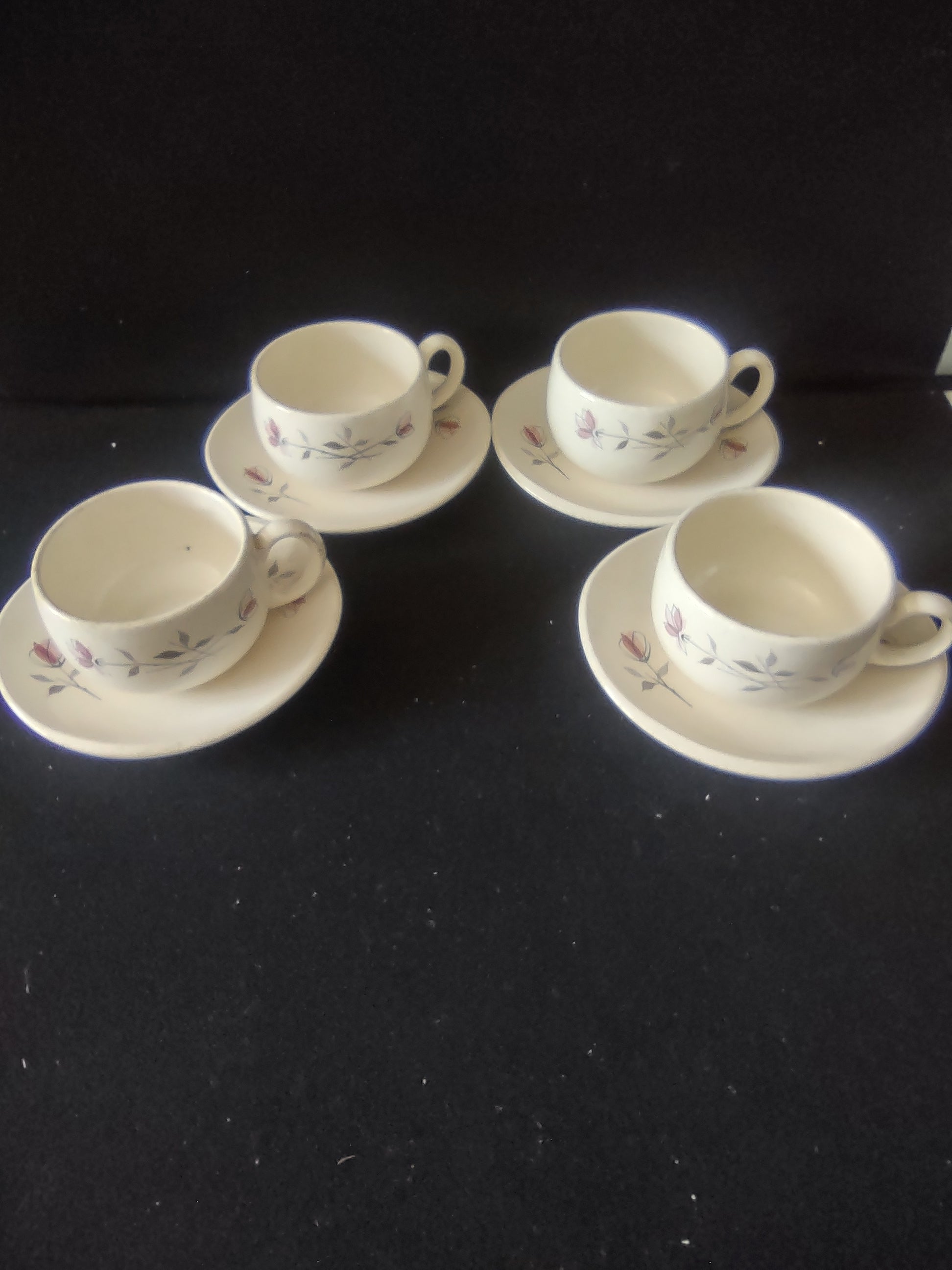 Vintage Franciscan Rosette Cup Saucer Pink Tulip Speckled Stoneware Set/4 [6677]