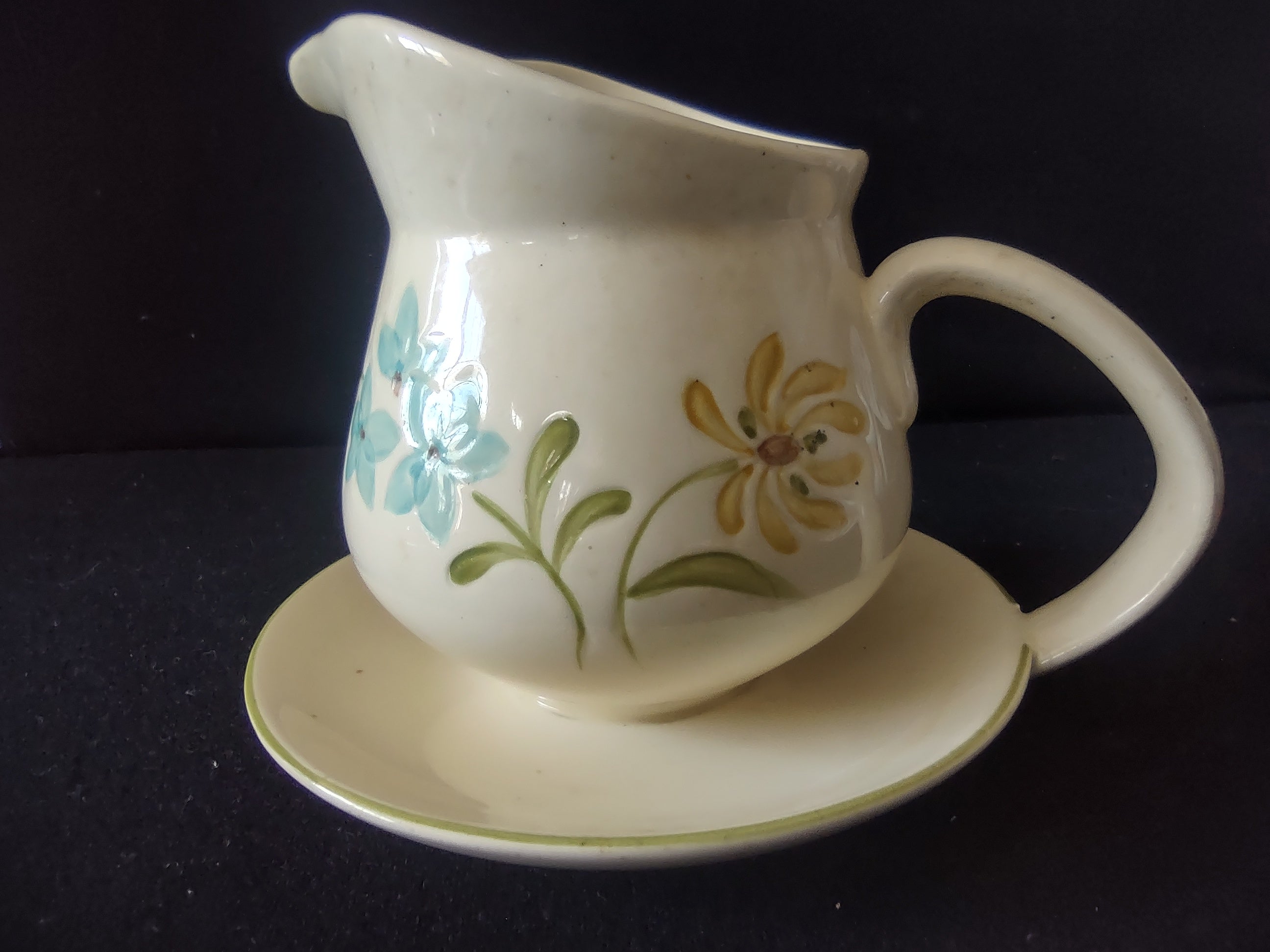 Vintage Franciscan Wildflower Creamer Attached Saucer Blue Gold IMPERFECT [6681]
