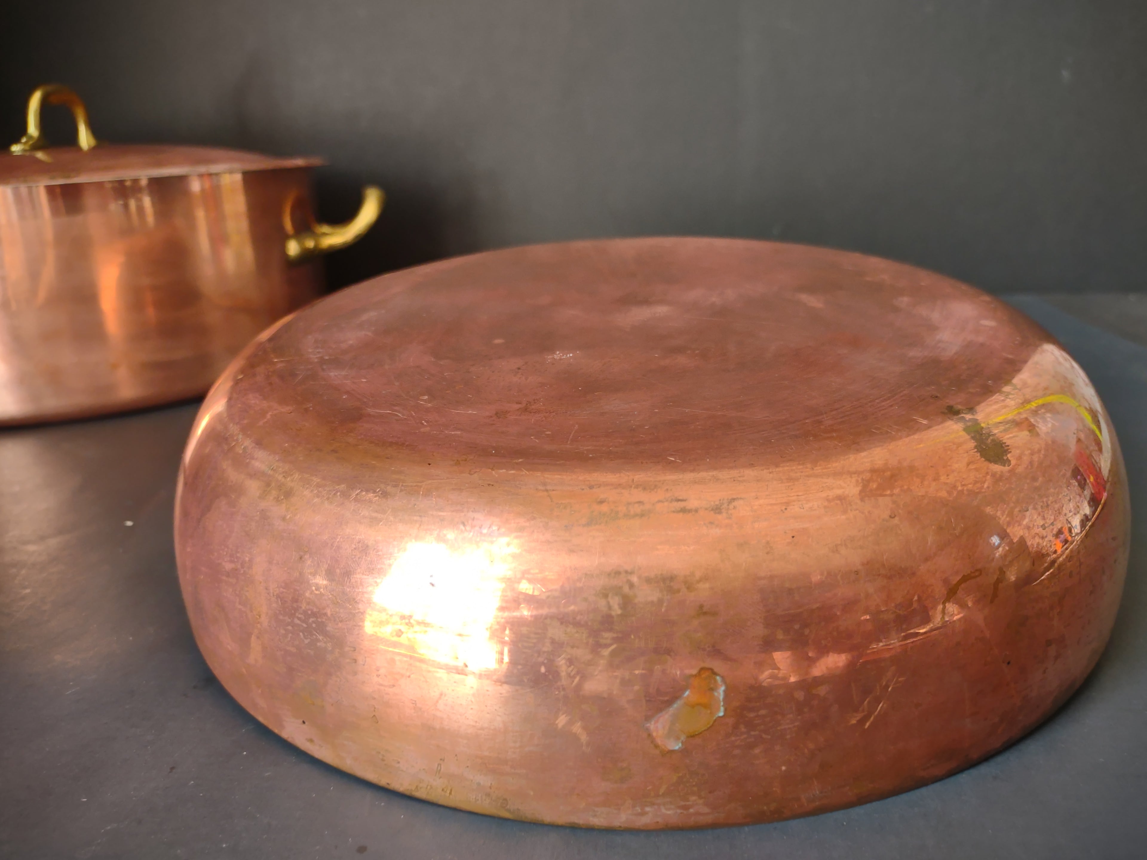 Vintage Bongusto Italy Copper Cookware Set 3 Pc Skillet Pot Lid Brass [6694]